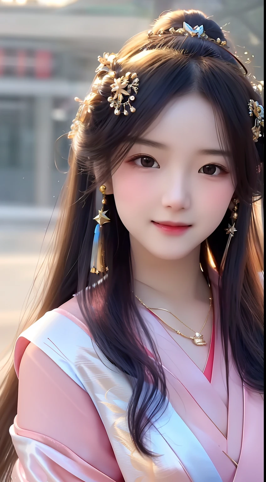best quality, masterpiece, highres, 1girl,blush,(seductive smile:0.8),star-shaped pupils,china hanfu,hair ornament,necklace, jewelry,Beautiful face,upon_body, tyndall effect,photorealistic, dark studio, rim lighting, two tone lighting,(high detailed skin:1.2), 8k uhd, dslr, soft lighting, high quality, volumetric lighting, candid, Photograph, high resolution, 4k, 8k, Bokeh