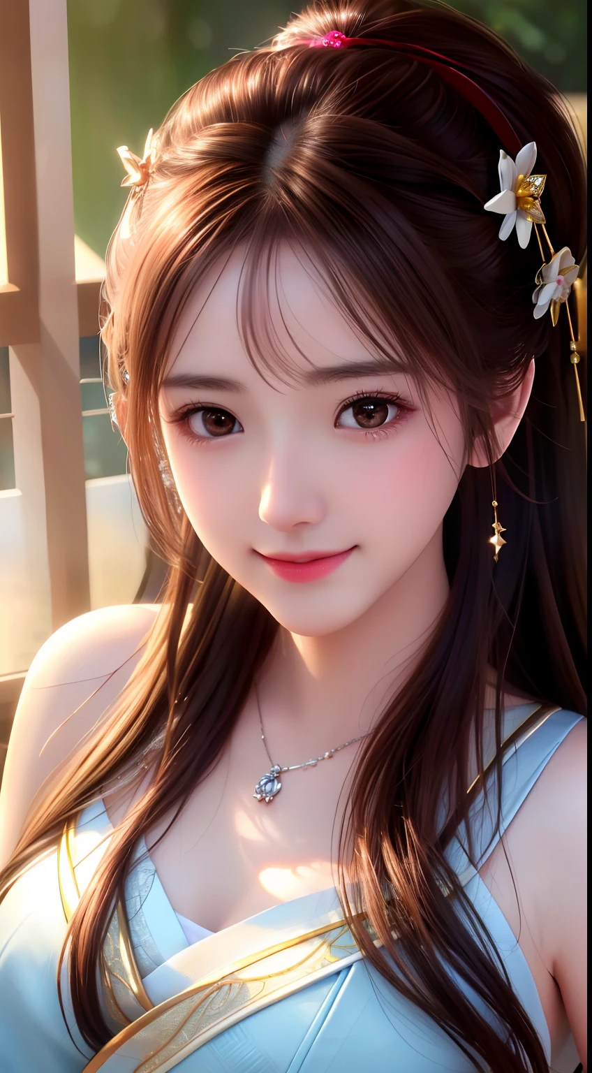 best quality, masterpiece, highres, 1girl,blush,(seductive smile:0.8),star-shaped pupils,china hanfu,hair ornament,necklace, jewelry,Beautiful face,upon_body, tyndall effect,photorealistic, dark studio, rim lighting, two tone lighting,(high detailed skin:1.2), 8k uhd, dslr, soft lighting, high quality, volumetric lighting, candid, Photograph, high resolution, 4k, 8k, Bokeh
