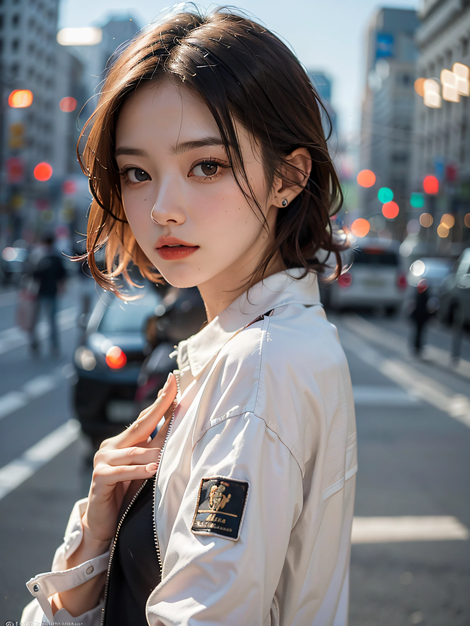 Top Quality, Ultra High Resolution, (8k, RAW Photos, Photorealistic: 1.4), White Skin, Real Human Skin, (Detailed), Oval Face, Pore, One Girl, Slim, (Gentle and Goddess-like Beholder), (Happiness: 1.2), (Lip Gloss, Eyelashes, Gloss Face, Top Quality, Wide Lighting, Natural Shading), Oversized Jacket, fashion shirt, cityscape, detailed fingers