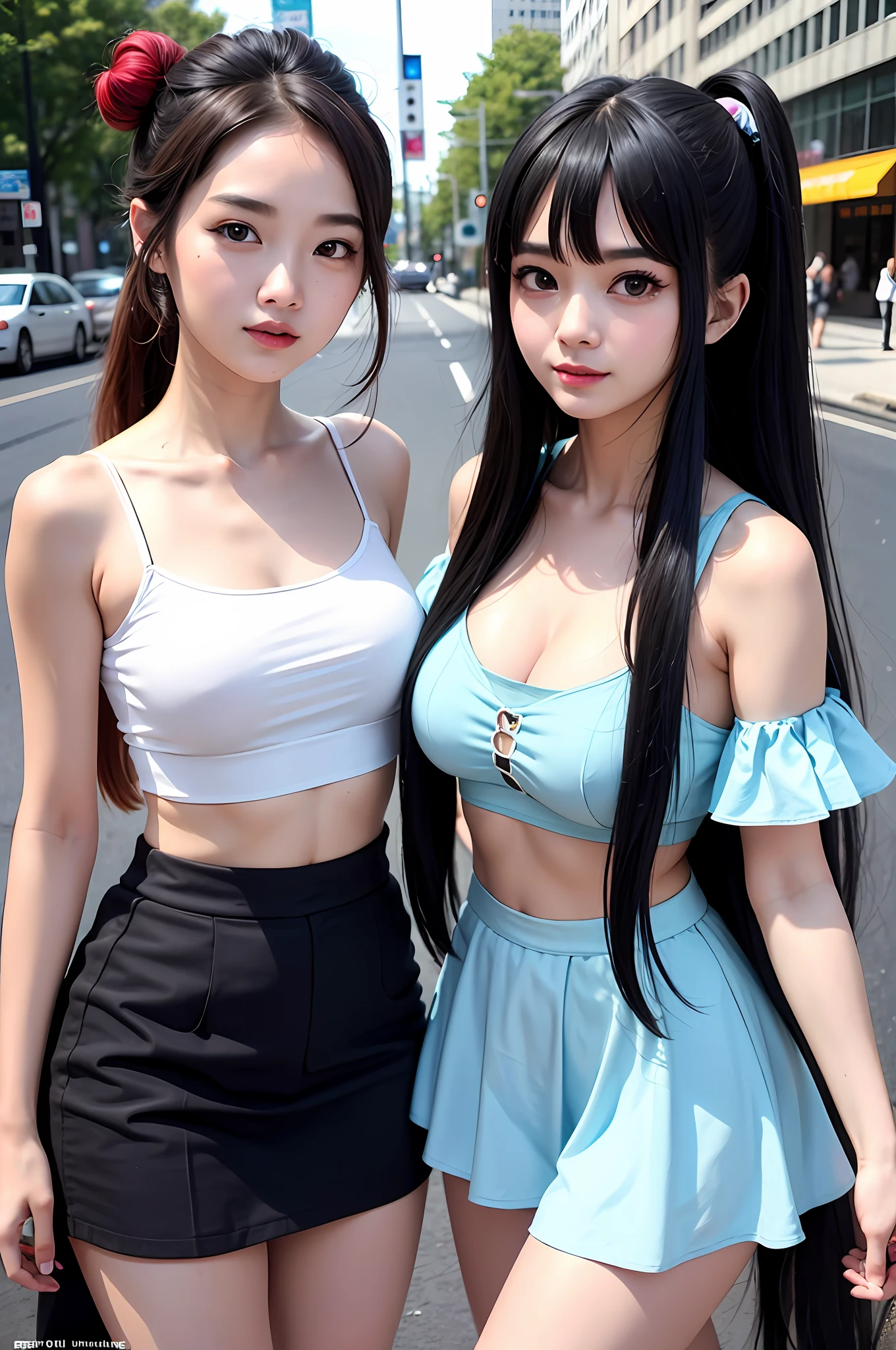 Best quality,Masterpiece,Bust Up Shot,model shoot, Extremely detailed, high resolution, 4K, 超高分辨率, Detailed shadows, Perfect light and shadow, duo,Two girls in costume taking selfies on the street,navel,colorful pigtail, anime cosplaying, Anime style mixed with Fujifilm, Big breasts, Cute, Kaihuai,
