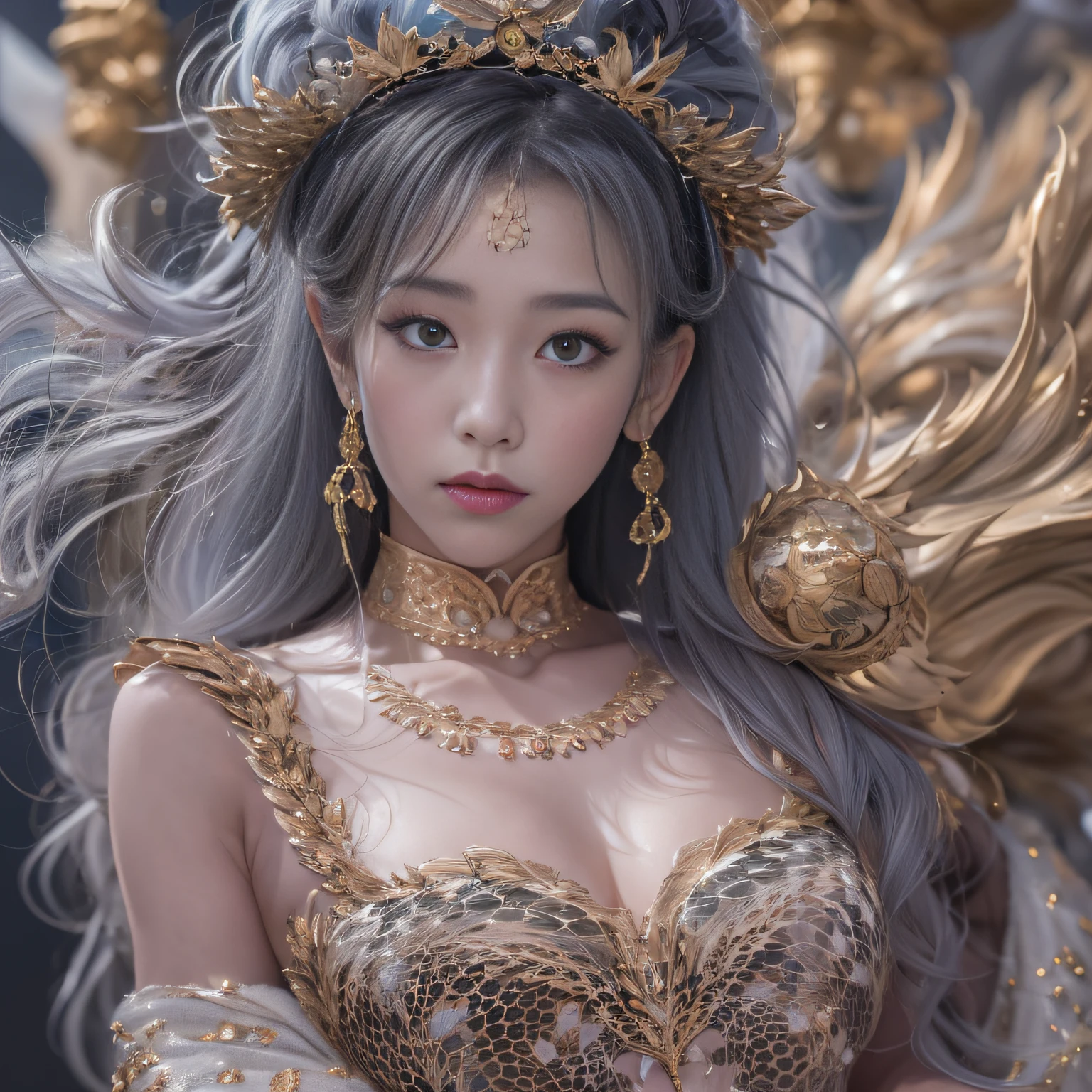 16k（tmasterpiece，k hd，hyper HD，16k）short detailed hair，Gold jewelry area in the back room，King Girl ，Silver Dragon Protector （realisticlying：1.4），Python pattern robe，Purple-pink tiara，Snowflakes fluttering，The background is pure，Hold your head high，Be proud，The nostrils look at people， A high resolution， the detail， RAW photogr， Sharp Re， Nikon D850 Film Stock Photo by Jefferies Lee 4 Kodak Portra 400 Camera F1.6 shots, Rich colors, ultra-realistic vivid textures, Dramatic lighting, Unreal Engine Art Station Trend, cinestir 800，Hold your head high，Be proud，The nostrils look at people