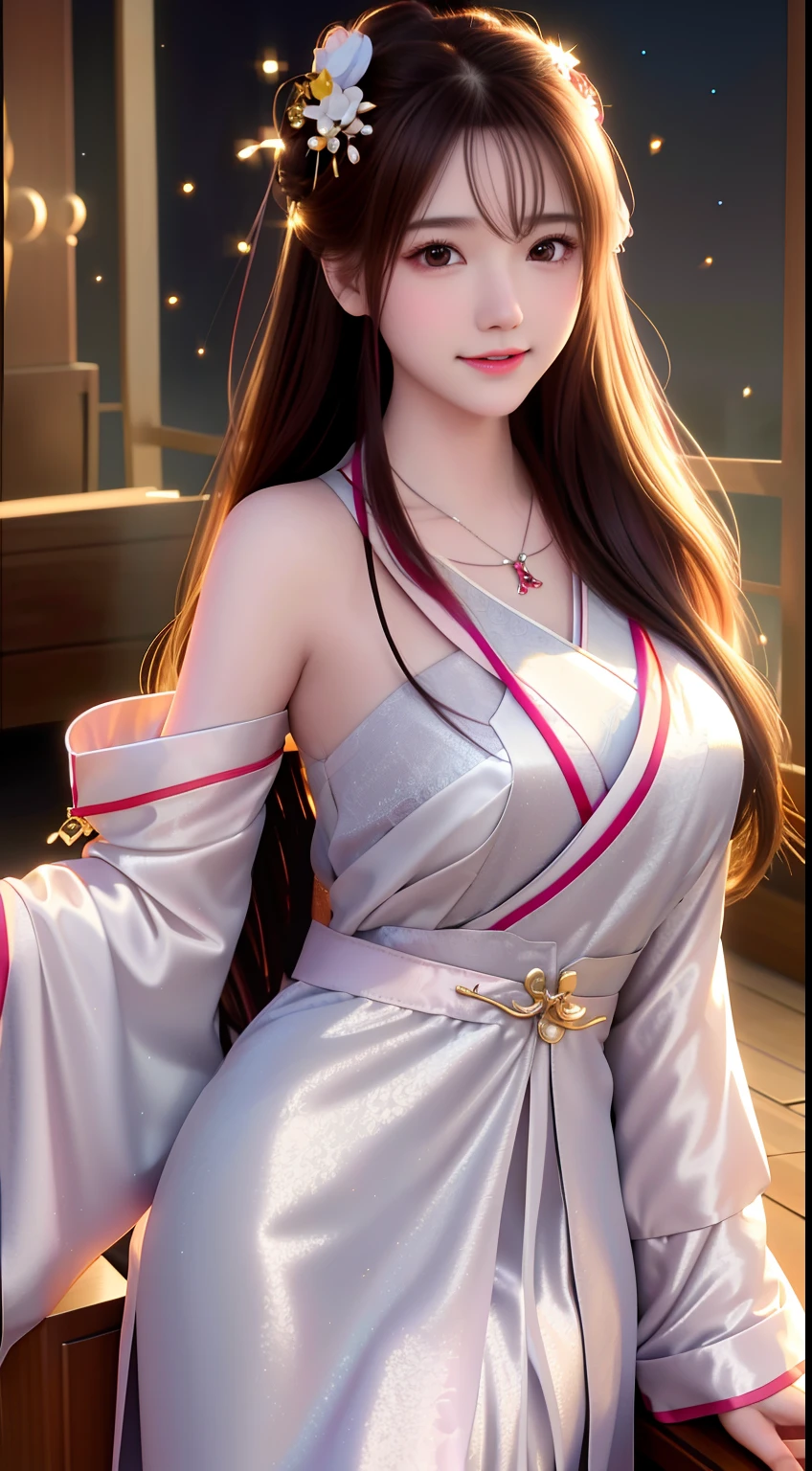 best quality, masterpiece, highres, 1girl,blush,(seductive smile:0.8),star-shaped pupils,china hanfu,hair ornament,necklace, jewelry,Beautiful face,upon_body, tyndall effect,photorealistic, dark studio, rim lighting, two tone lighting,(high detailed skin:1.2), 8k uhd, dslr, soft lighting, high quality, volumetric lighting, candid, Photograph, high resolution, 4k, 8k, Bokeh