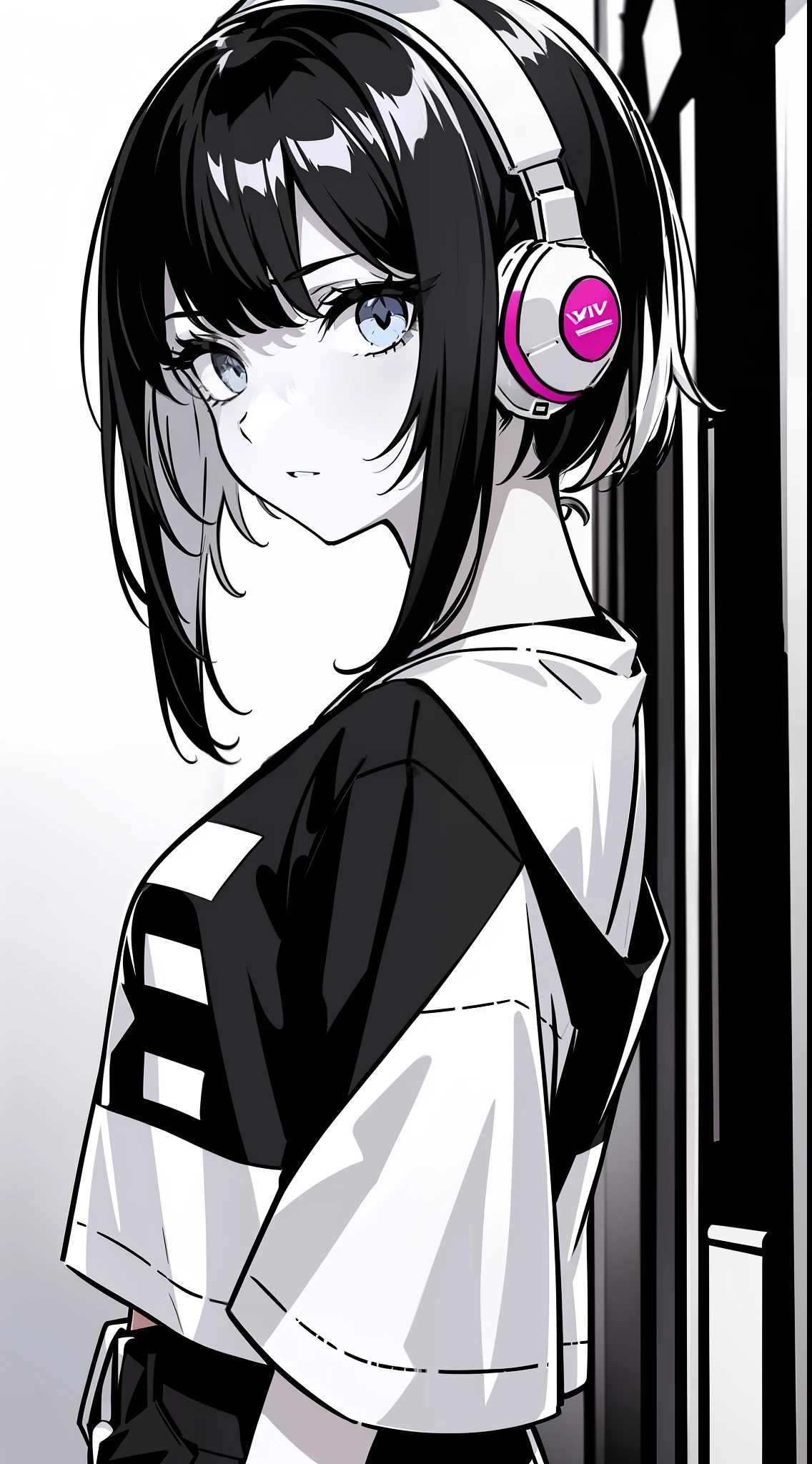 girl, side portrait, black and white, messy short hair, edgy accessories,sporty style, casual t-shirt, confident gaze, monochrome color scheme, looking to the side, chic street fashion, casual hands in pockets pose,head,((a person)),Over-ear headphones, large ear cups,Luxurious long hair