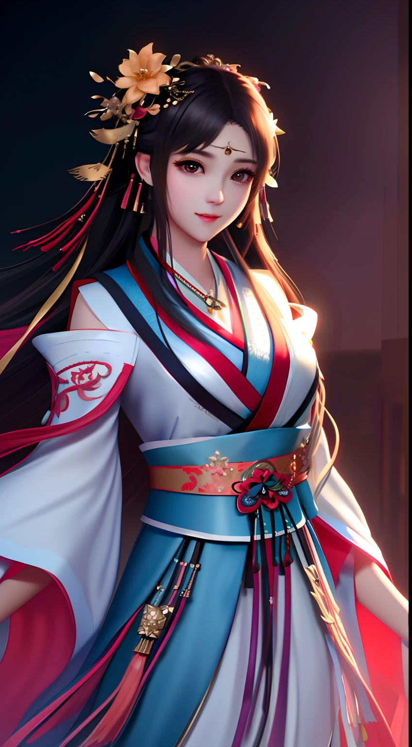 best quality, masterpiece, highres, 1girl,blush,(seductive smile:0.8),star-shaped pupils,china hanfu,hair ornament,necklace, jewelry,Beautiful face,upon_body, tyndall effect,photorealistic, dark studio, rim lighting, two tone lighting,(high detailed skin:1.2), 8k uhd, dslr, soft lighting, high quality, volumetric lighting, candid, Photograph, high resolution, 4k, 8k, Bokeh