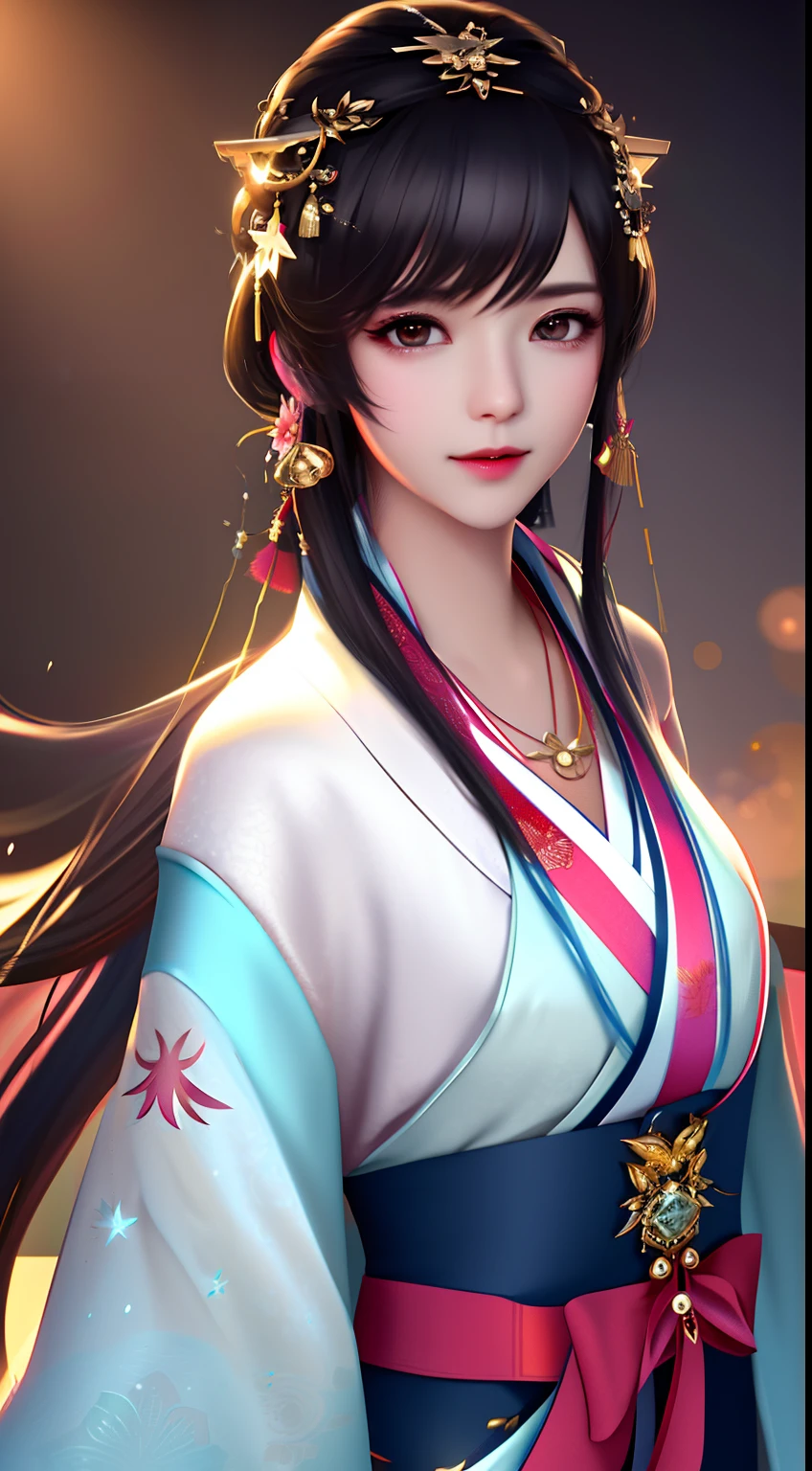 best quality, masterpiece, highres, 1girl,blush,(seductive smile:0.8),star-shaped pupils,china hanfu,hair ornament,necklace, jewelry,Beautiful face,upon_body, tyndall effect,photorealistic, dark studio, rim lighting, two tone lighting,(high detailed skin:1.2), 8k uhd, dslr, soft lighting, high quality, volumetric lighting, candid, Photograph, high resolution, 4k, 8k, Bokeh