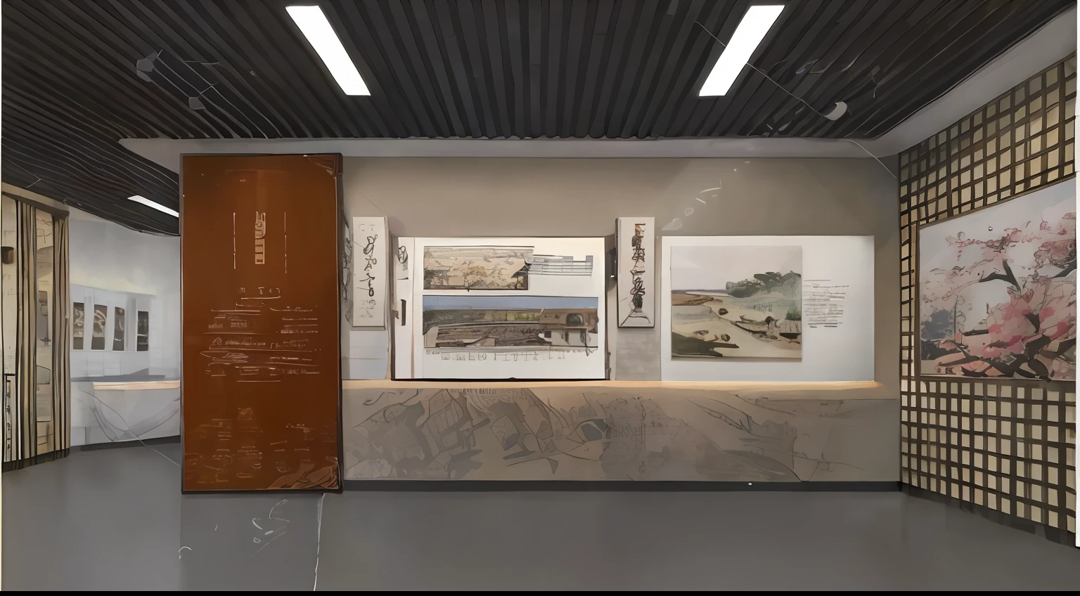 Room view with picture wall and door, museum ink painting, museum background, show room scene, exhibition display, museum setting, museum exposition, Exhibition, inspired by Emperor Huizong of Song, exhibition hall lighting, museum display, Beautiful rendering of the Tang Dynasty, museum exhibit, Chinese painting style, background is a low light museum