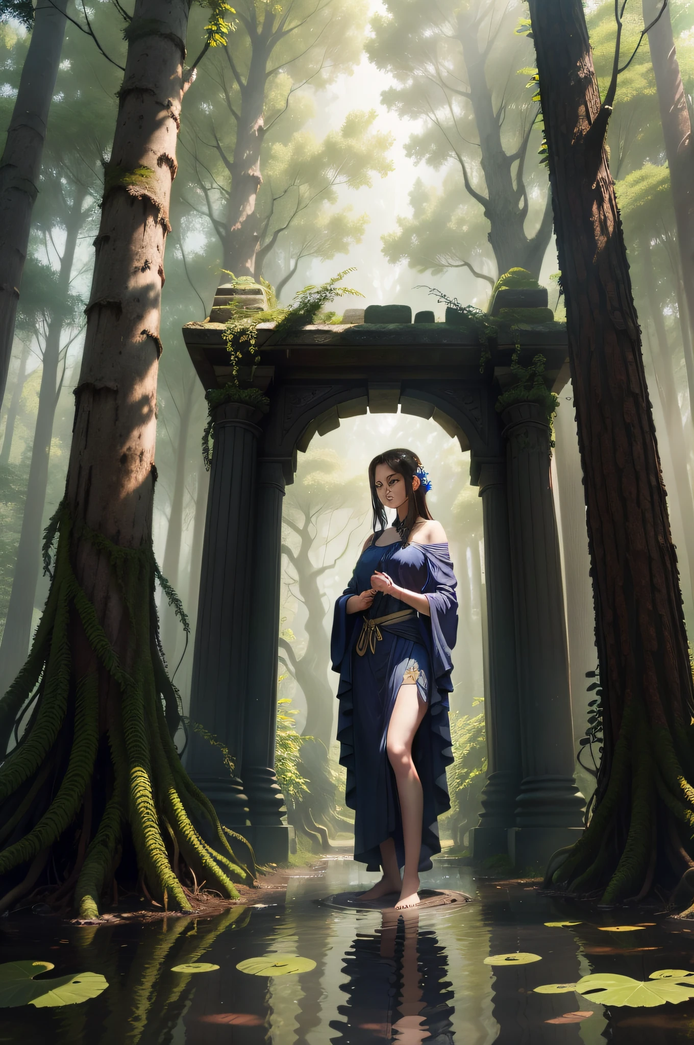 In an ancient mysterious forest,A two-dimensional beautiful girl wearing a fringed robe,Stand by a deep pond,The forest is full of fantastic creatures and light,A gentle breeze blows,The leaves rustle,Her eyes revealed a reverence for nature,In the background are the remains of an ancient temple,The stone pillars are intertwined with vines,Create a picture of mystery and tranquility,Escultura,marbled,--ar 16:9 --v 5
