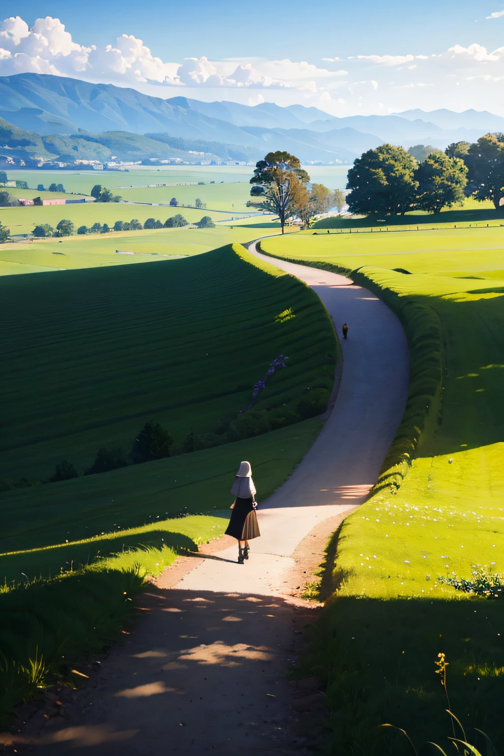 best qualtiy，80shair。。。，Heads-up，A half body，Back shadow，8old girl，Country path in the background