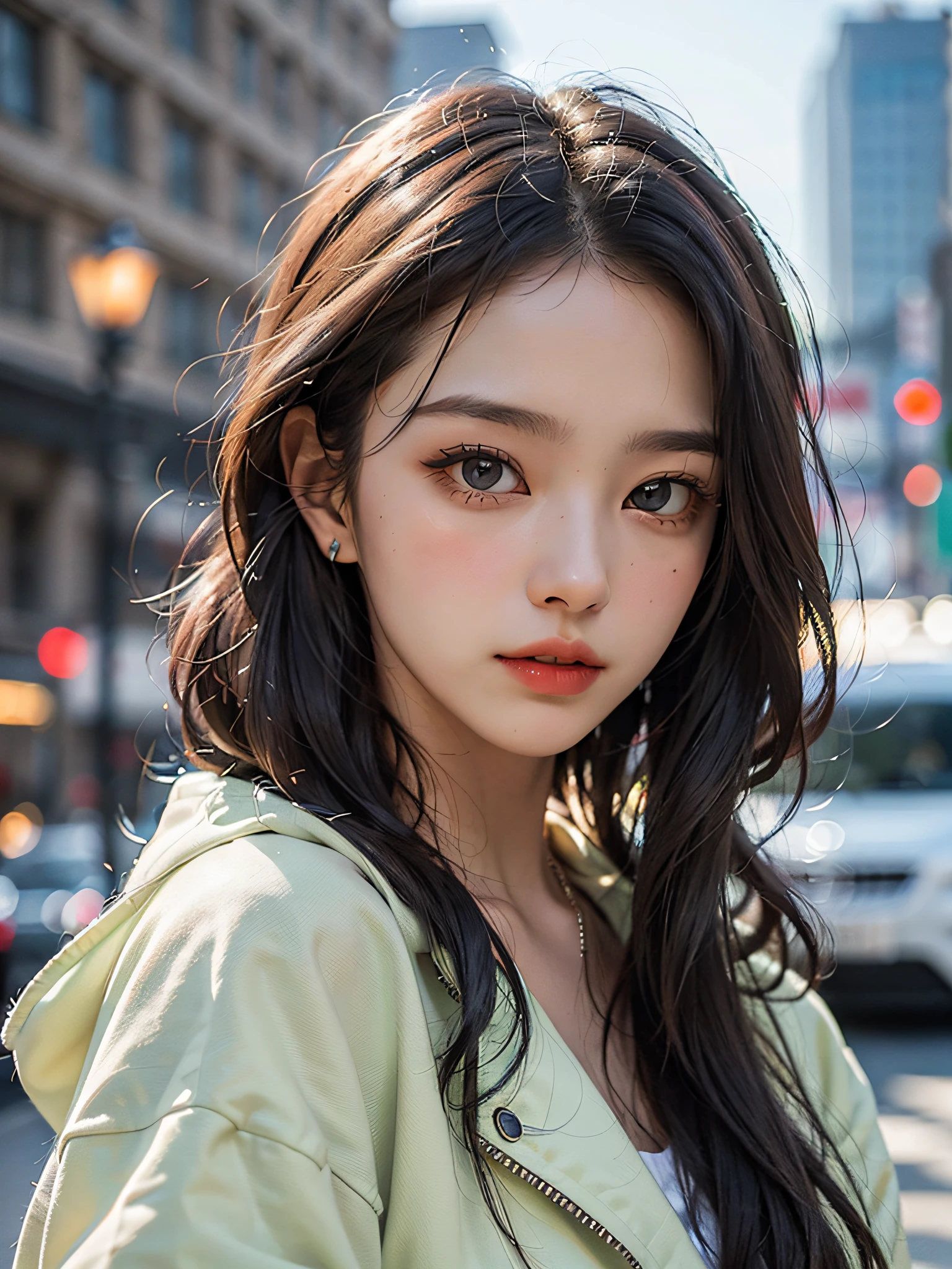 top-quality、超A high resolution、(8k、RAW Photography、Photorealsitic:1.4)、de pele branca、Real human skin、(Detailed eyes)、oval-face、1人、Slimed、(A person who sees with calm and goddess-like eyes)、(Happiness:1.3)、(lipgloss、eye lashes、Gloss Face:1.2)、oversize jacket、Fashion Shirts、Cityscape、detailed finger、Wide range of lighting、Natural shading)、
