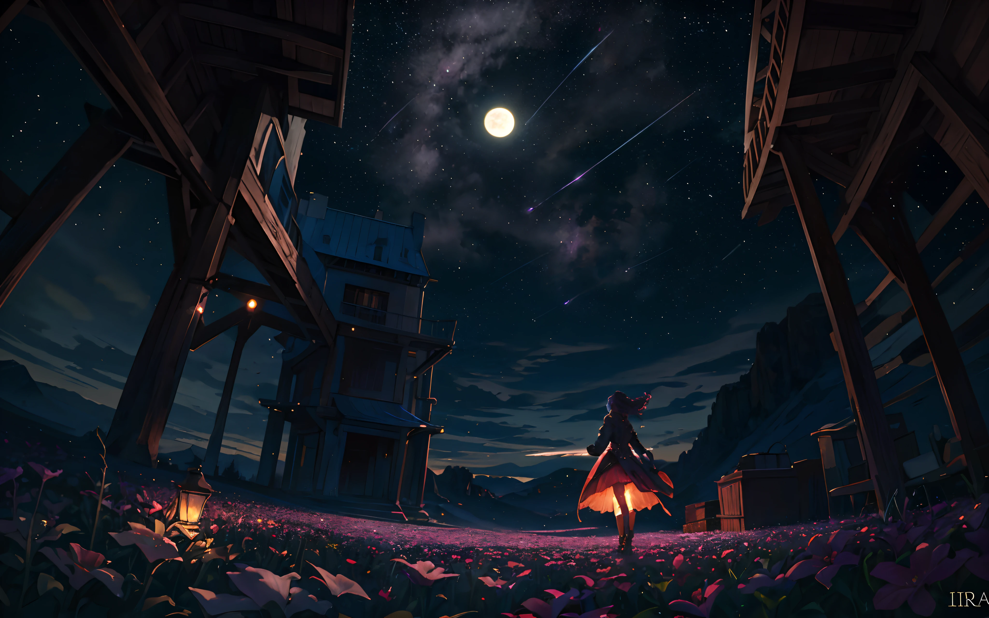 expansive landscape photograph , (a view from below that shows sky above and open field below), a girl standing on flower field looking up, (full moon:1.2), ( shooting stars:0.9), (nebula:1.3), distant mountain, tree BREAK
production art, (warm light source:1.2), (Firefly:1.2), lamp, lot of purple and orange, intricate details, volumetric lighting, realism BREAK
(masterpiece:1.2), (best quality), 4k, ultra-detailed, (dynamic composition:1.4), highly detailed, colorful details,( iridescent colors:1.2), (glowing lighting, atmospheric lighting), dreamy, magical, (solo:1.2)