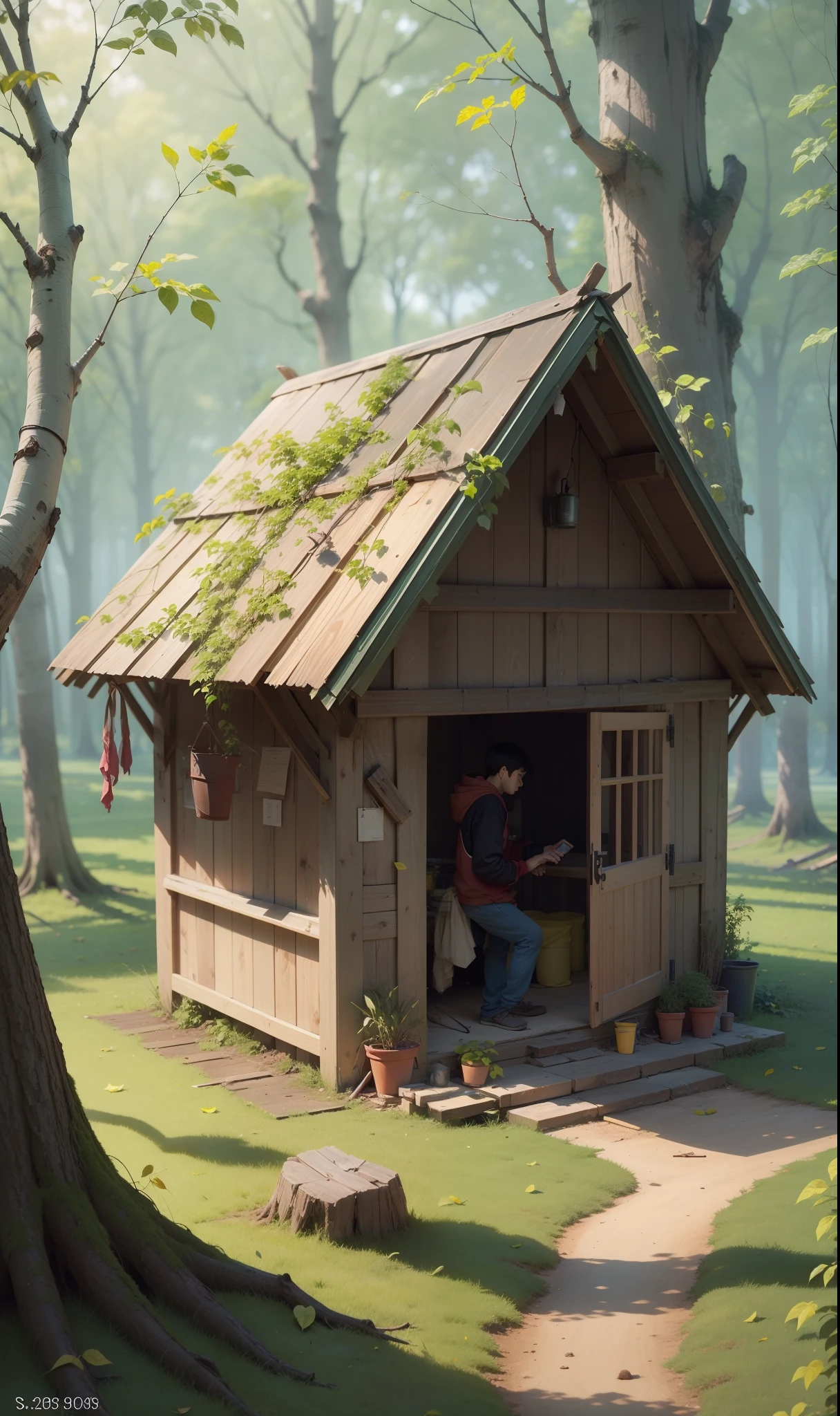 Search for photos of a person building a makeshift shelter with branches and leaves."in anime style --auto --s2