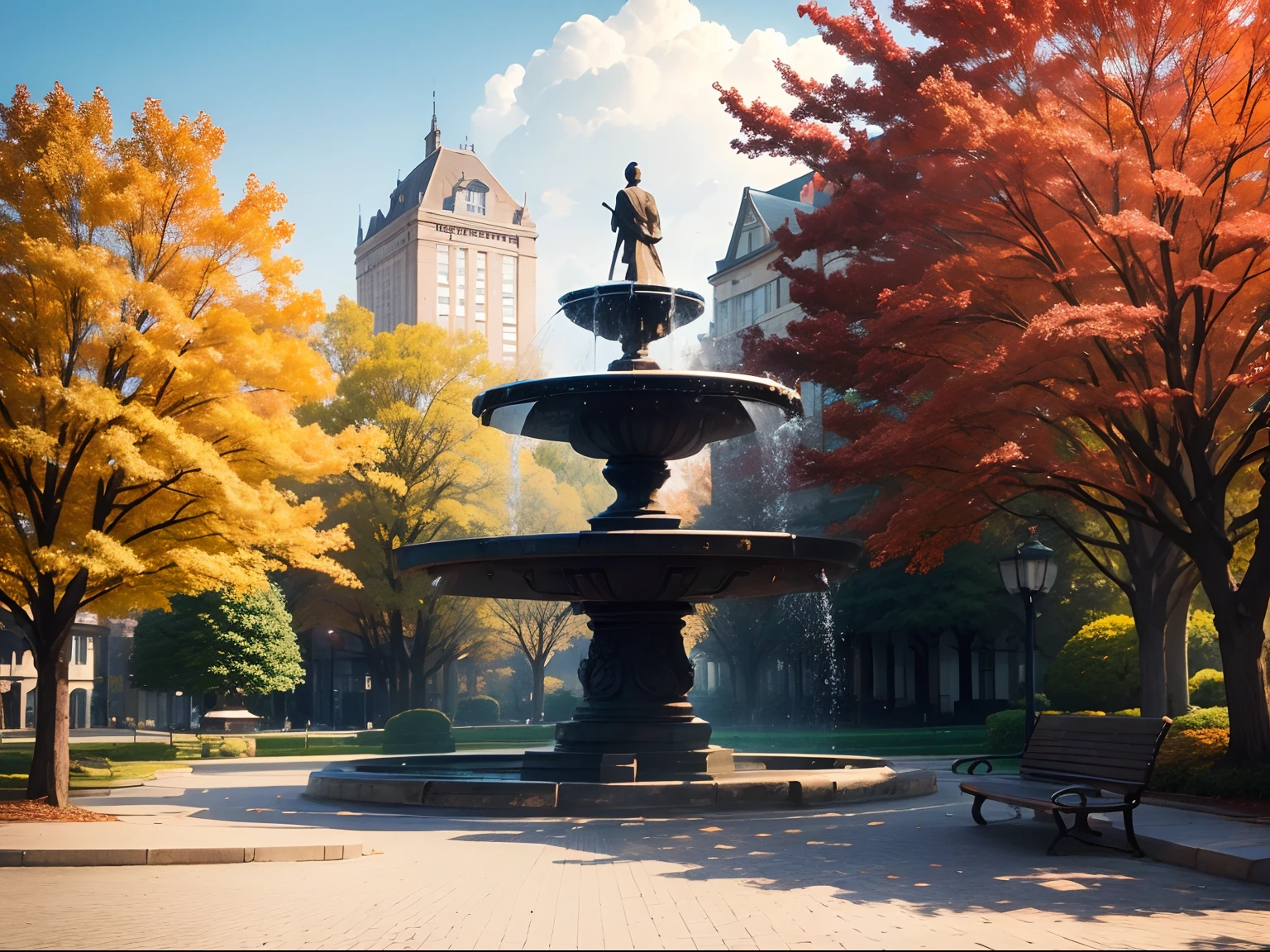 (((Background with、No person)))、The tree、Benches、The fountain、autumnal