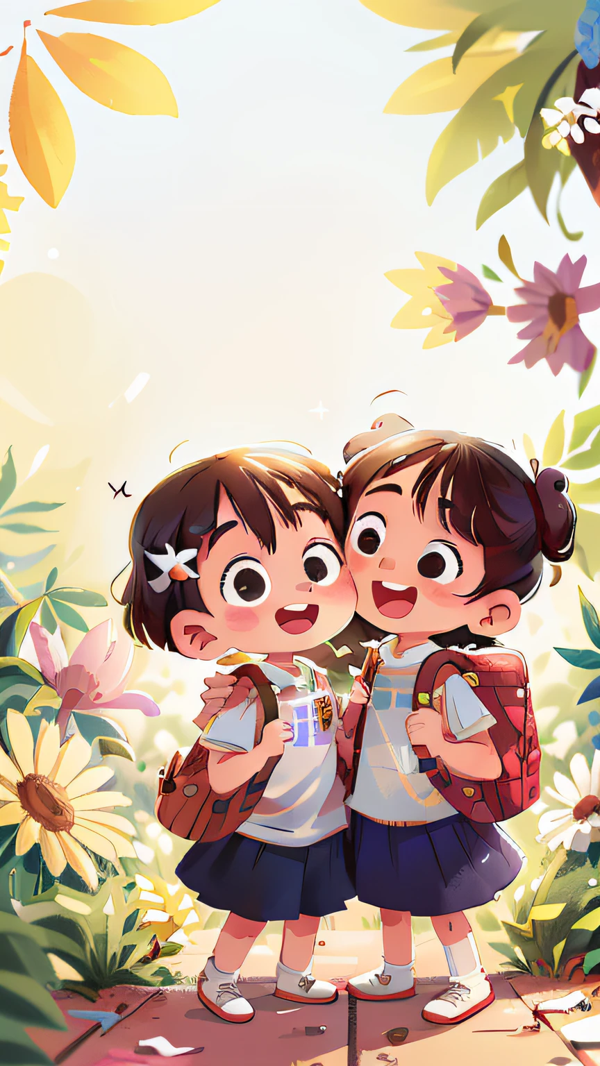 two  girl,  back to school, white background,
 happy, happy, perfect quality,  clear focus
 (masterpiece: 1.2) (realistic: 1.2) (bokeh) (best quality) (detailed skin: 1.3) (complex details) (8K) (detail eyes) (sharp focus), (happy) full body, clean background,white background, long view composition, 85MM SHOT