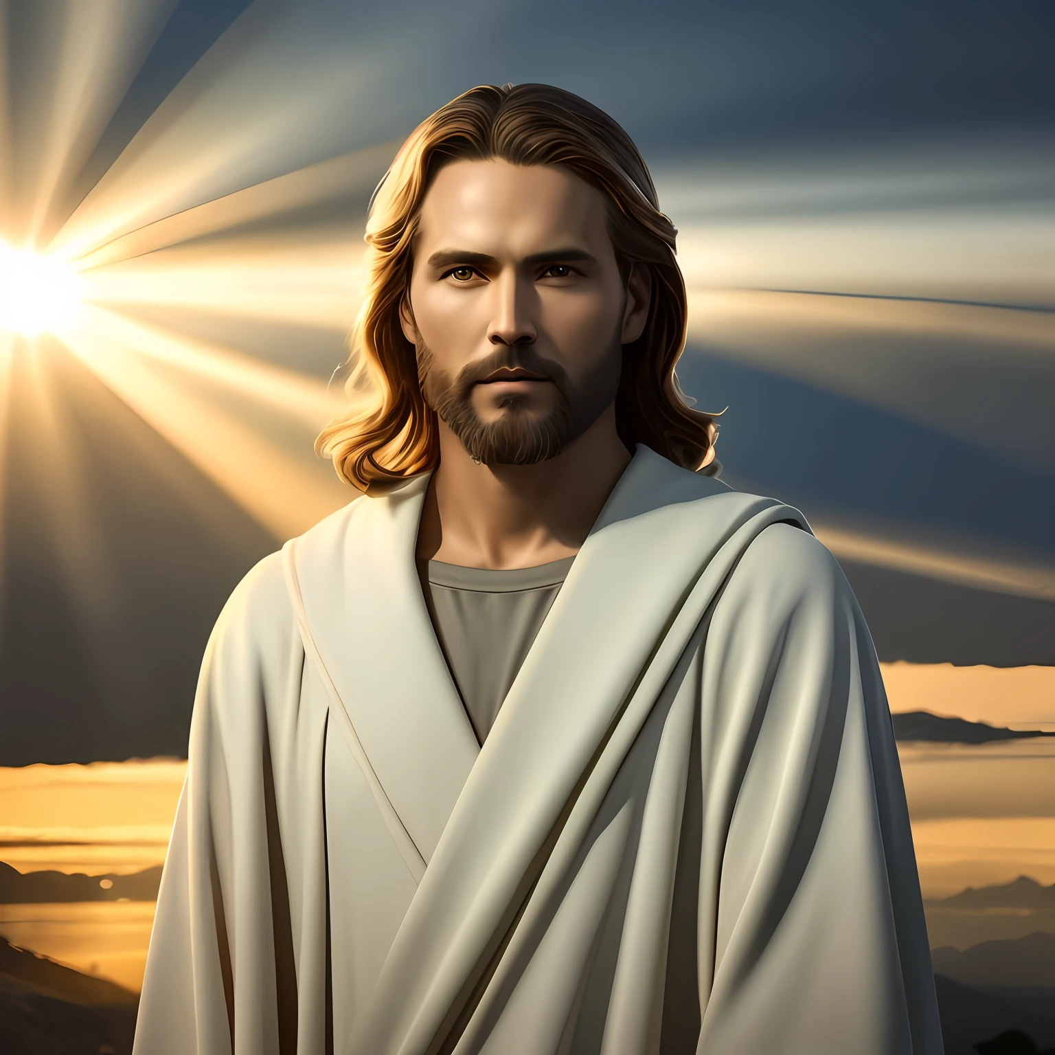 imagem arrapada de um homem com cabelos compridos e um manto, Greg Olsen, Jesus Cristo, Retrato de Jesus Cristo, jesus of nazareth, Jesus, Vestido como Jesus Cristo, Tron legado Jesus Cristo, Tron legado Jesus, Jesus Cristo em Mass Effect, sun behind him, rosto de Jesus, deus raios solares, sol brilhando sobre ele