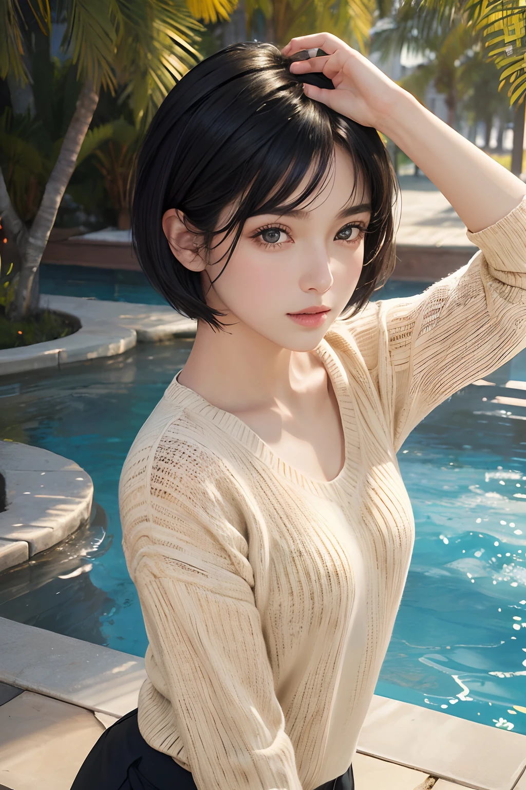 (masterpiece:1.3), (8k, photorealistic, RAW photo, best quality: 1.4), (1girl), Pose to show armpits by raising both hands, beautiful face, (realistic face), (black hair, short hair:1.3), beautiful hairstyle, realistic eyes, beautiful detailed eyes, (realistic skin), beautiful skin, (sweater), absurdres, attractive, ultra high res, ultra realistic, highly detailed, golden ratio