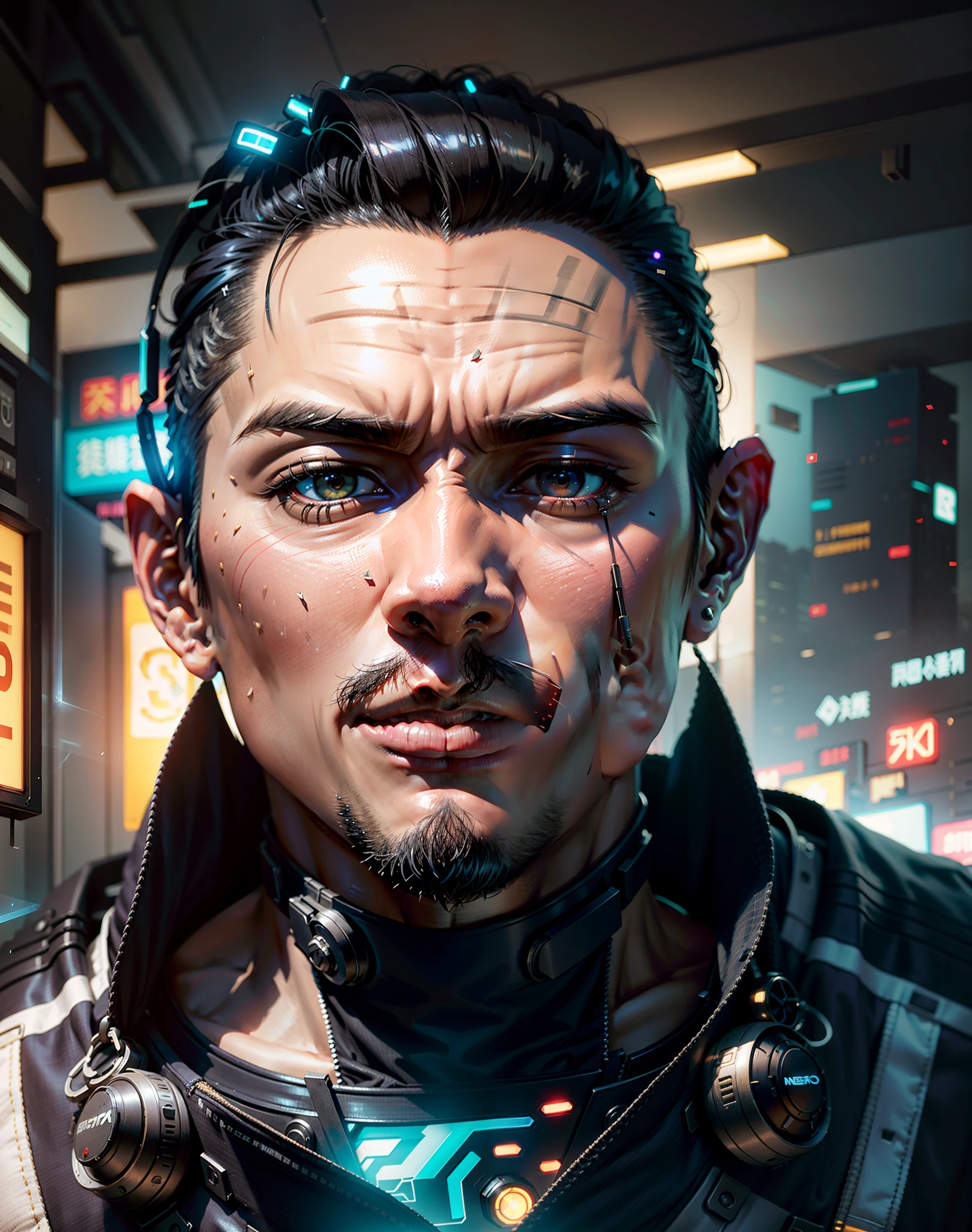 Create asian male cyberpunk style，fundo futurista，Big back，futuristic outfit，best qualtiy，1：1 resolution，The face is centered in the center of the image，avatar photo only，Head+bshoulders，8K分辨率，photograph of-realistic，neonlight，Technology Element，filmgrain。