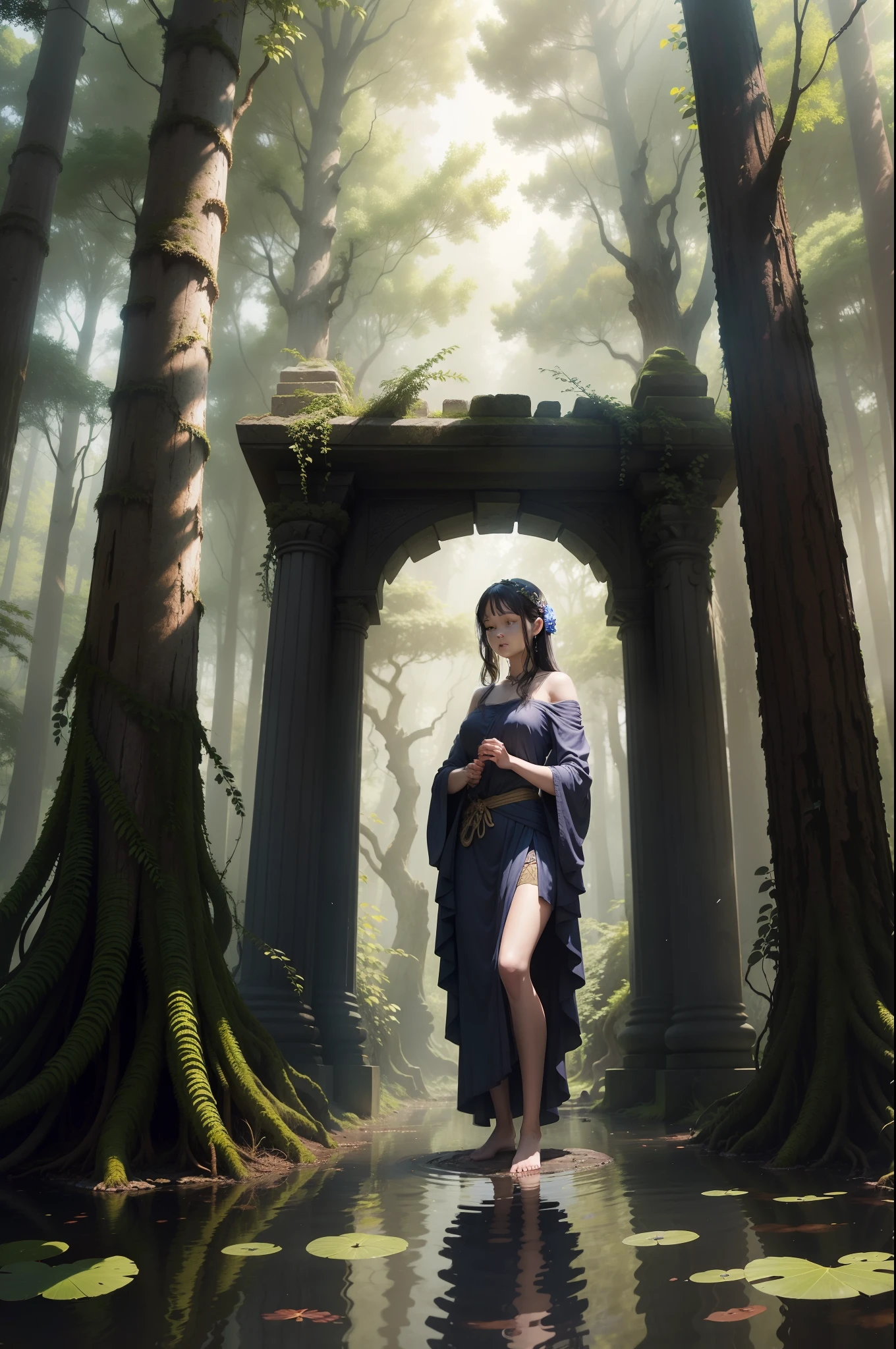 In an ancient mysterious forest,A two-dimensional beautiful girl wearing a fringed robe,Stand by a deep pond,The forest is full of fantastic creatures and light,A gentle breeze blows,The leaves rustle,Her eyes revealed a reverence for nature,In the background are the remains of an ancient temple,The stone pillars are intertwined with vines,Create a picture of mystery and tranquility,Escultura,marbled,--ar 16:9 --v 5