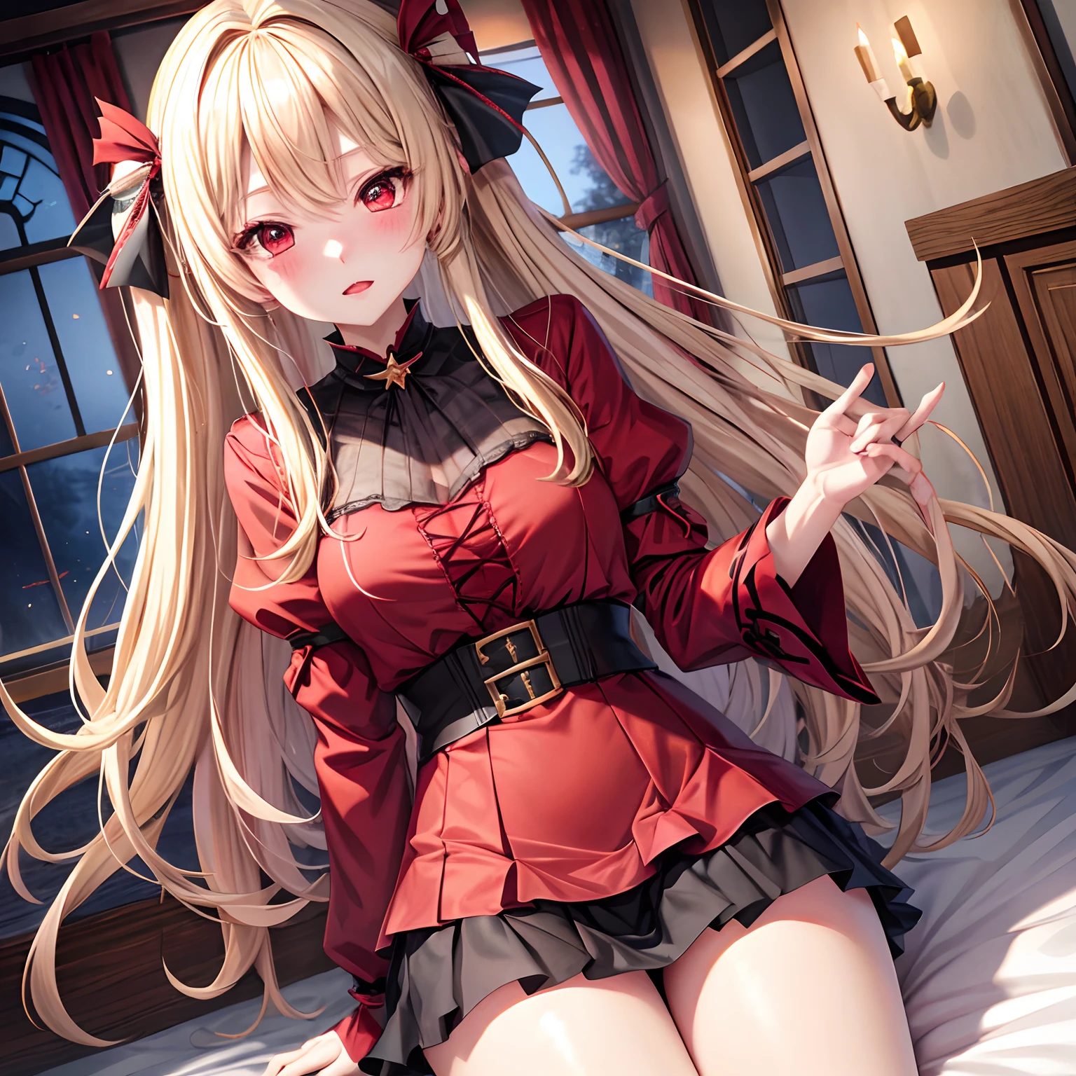a blond、red eyes、One pretty girl、Vampires、独奏、animesque、red blush、a miniskirt