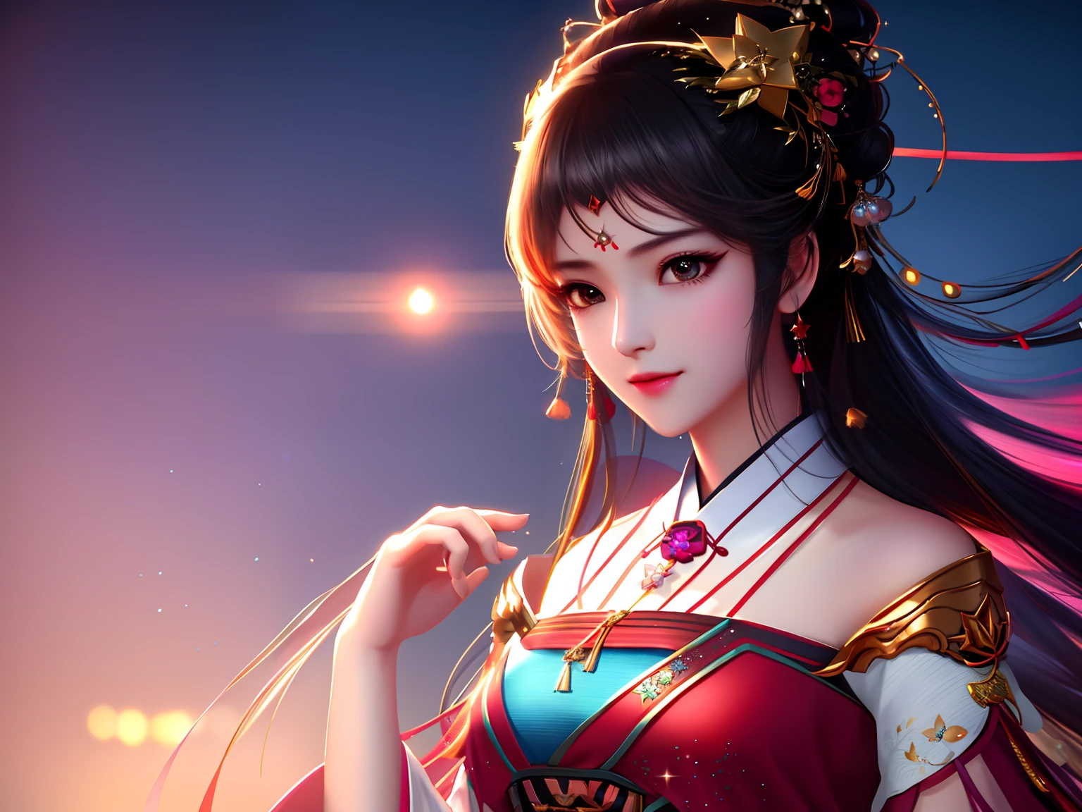 best quality, masterpiece, highres, 1girl,blush,(seductive smile:0.8),star-shaped pupils,china hanfu,hair ornament,necklace, jewelry,Beautiful face,upon_body, tyndall effect,photorealistic, dark studio, rim lighting, two tone lighting,(high detailed skin:1.2), 8k uhd, dslr, soft lighting, high quality, volumetric lighting, candid, Photograph, high resolution, 4k, 8k, Bokeh