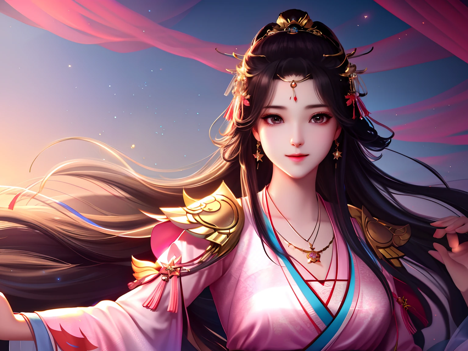 best quality, masterpiece, highres, 1girl,blush,(seductive smile:0.8),star-shaped pupils,china hanfu,hair ornament,necklace, jewelry,Beautiful face,upon_body, tyndall effect,photorealistic, dark studio, rim lighting, two tone lighting,(high detailed skin:1.2), 8k uhd, dslr, soft lighting, high quality, volumetric lighting, candid, Photograph, high resolution, 4k, 8k, Bokeh