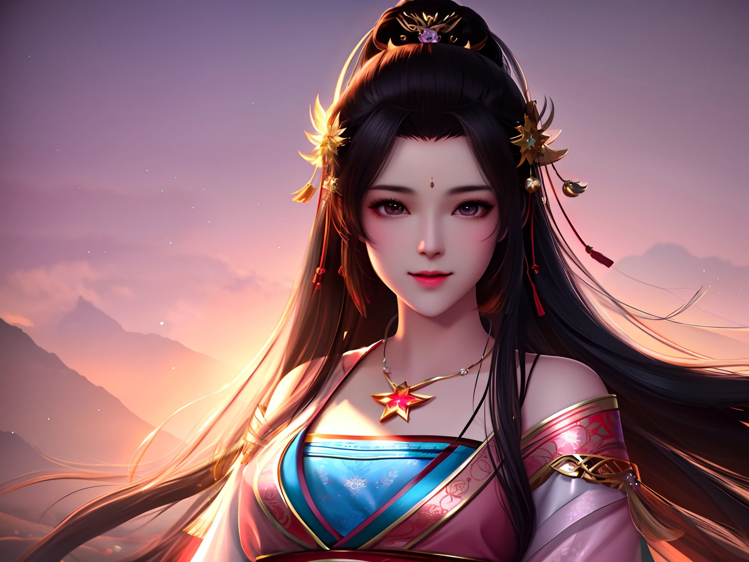 best quality, masterpiece, highres, 1girl,blush,(seductive smile:0.8),star-shaped pupils,china hanfu,hair ornament,necklace, jewelry,Beautiful face,upon_body, tyndall effect,photorealistic, dark studio, rim lighting, two tone lighting,(high detailed skin:1.2), 8k uhd, dslr, soft lighting, high quality, volumetric lighting, candid, Photograph, high resolution, 4k, 8k, Bokeh