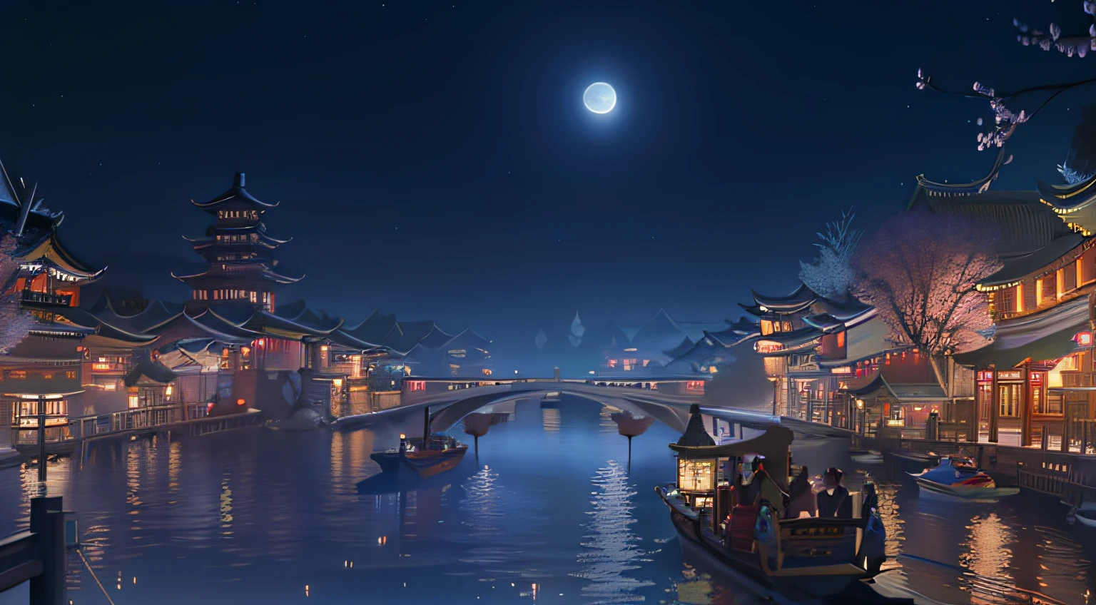 Night view of a river,There are boats and people inside, dreamy Chinese towns, Beautiful rendering of the Tang Dynasty, , blue moon ray tracing, fantasy style 8 k octane render, villages , illusory engine,Kongming Lantern