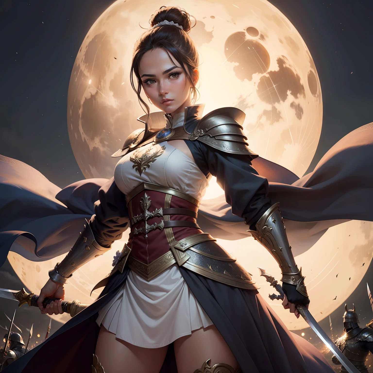 swordsmen,Super detailed picture,Beautiful woman in a bun,Supermoon in the background,