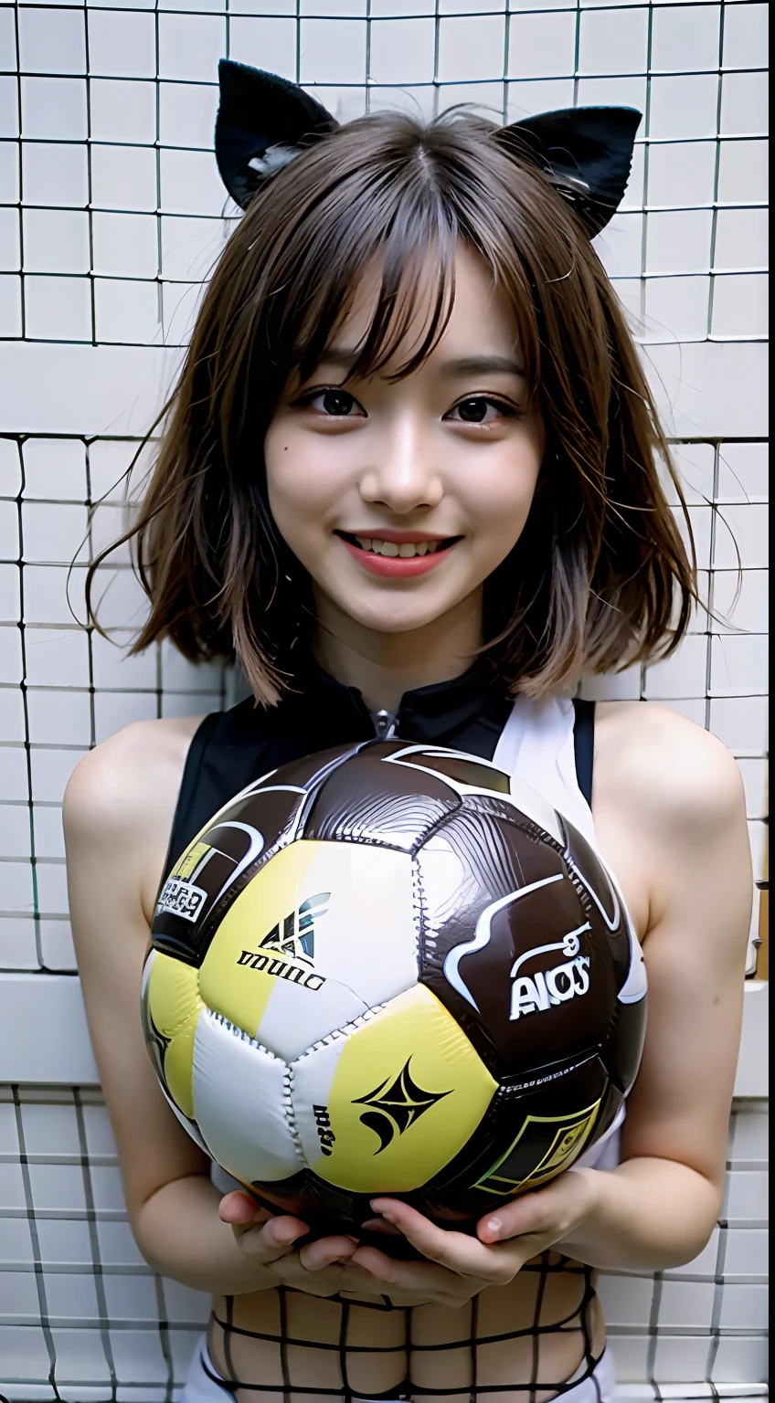 (masterpiece, top-quality, a beauty girl, kawaii faces:1.5), (Brown Shorthair:1.5), (full body Esbian, bangss:1.2), Small waist, (Simple background:1.4), Soccer court, (soccer goals, Skysky, A clear day:1.2), Soccer Uniforms、Emphasis on、 face lights, 8K, offcial art, Raw foto, incredibly absurdness, depth of fields, Look at viewers, A hyper-realistic, hight resolution, a picture, film grains, chromatic abberation, foco nítido, Bokeh background, Dynamic lighting、highestdetailed、Extreme details、ultra-detailliert、detaile、extremely detailed eye and face、Colossal tits、A smile、full bodyesbian、I'm kicking a soccer ball