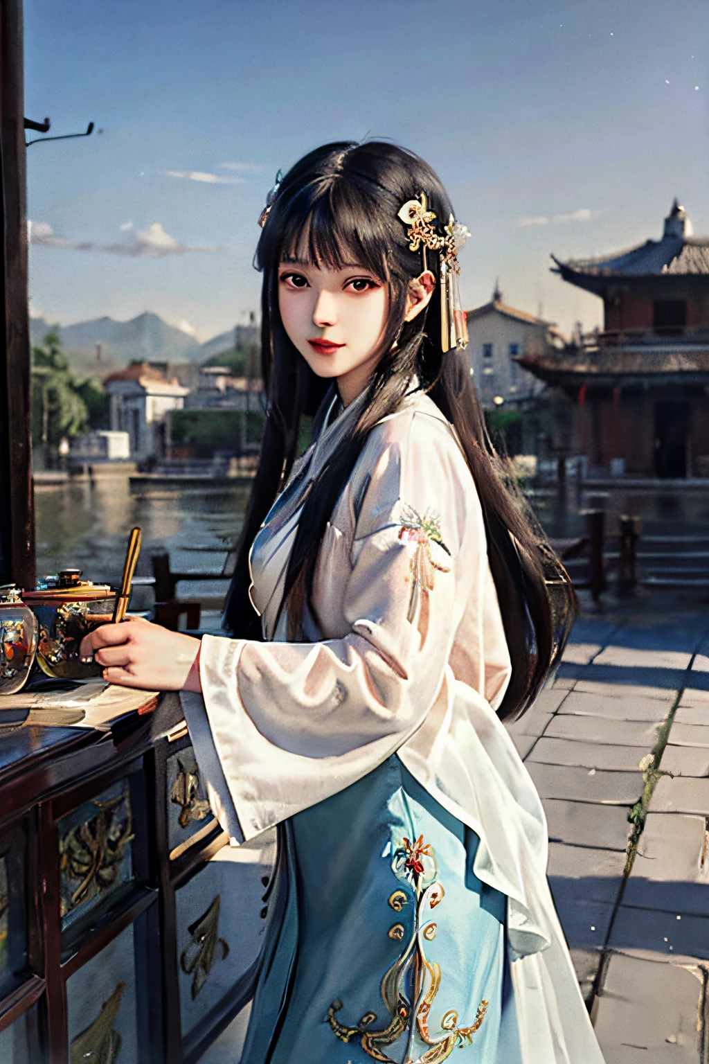Master masterpieces，A very beautiful beauty, Beautiful character painting, Chinese watercolor style, beautiful portraits, A girl in a light blue dress, Guviz-style artwork, Chinese girl, portrait of female Chinese idol, A beautiful artwork illustration, 8k，ultra-clear，high qulity，