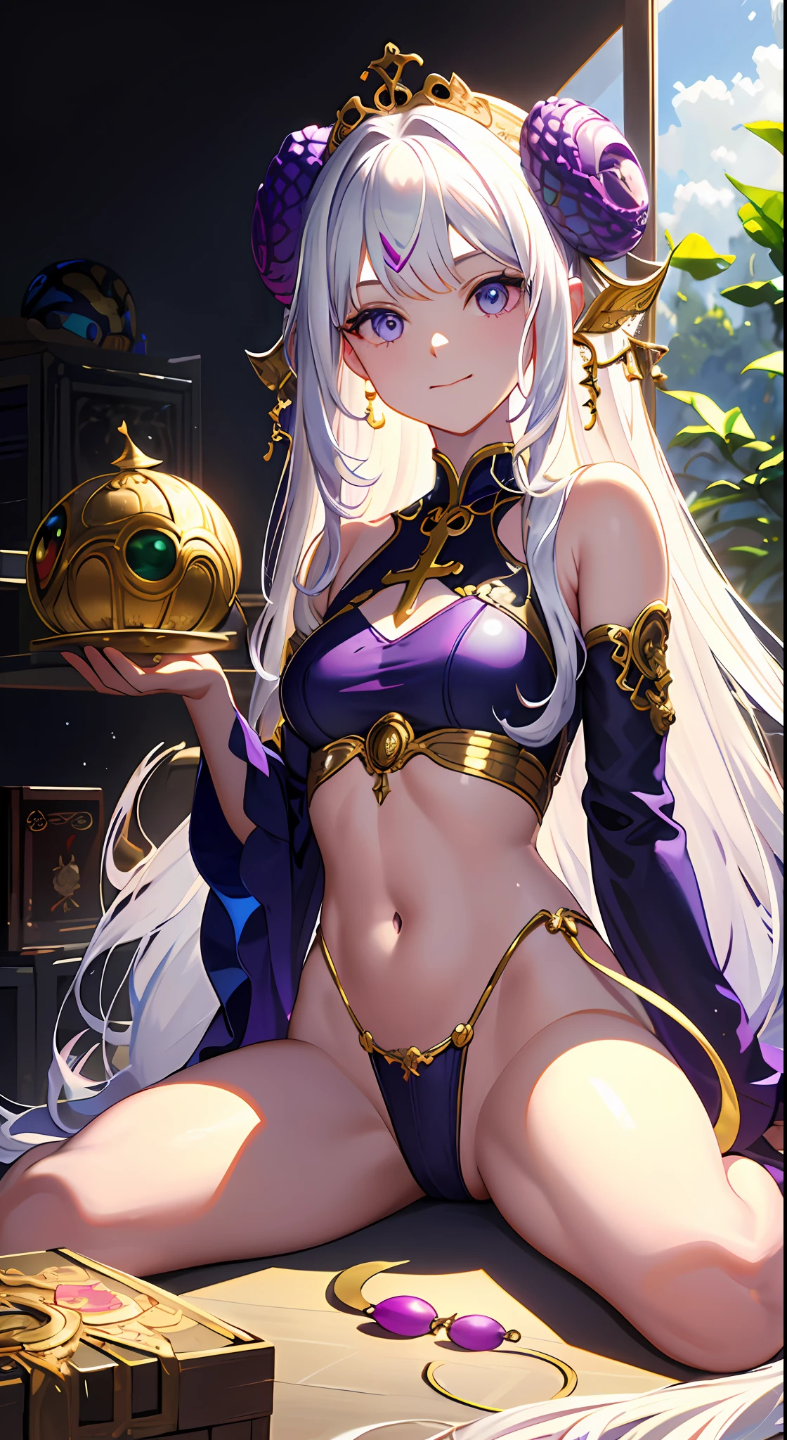 [(Transparent background:1.5)::5],(((Masterpiece))),(((Best quality))),(((Extremely detailed))),illustration, Medusa, Snake hair, 1girll,Solo,mysterious,vivd colour,Shiny, Underwater transparent sealed hemispherical glass dome, (White hair),(Purple eyes), full bodyesbian,Barefoot,Open navel，Long hair is calm and natural, Koi,Underwater, Dome,Dynamic actions,Lens perspective,(((Box composition))),sitting cross-legged，Leaning against the bookshelf, voluminetric lighting, multi colored eyes, Detailed eyes, ultra - detailed,Light smile, Highly detailed, Beautiful, small detailed, Ultra detailed, Best quality, Intricate, 4K, 8K, trending on artstationh, Good anatomy, Beautiful lighting, Award-winning,