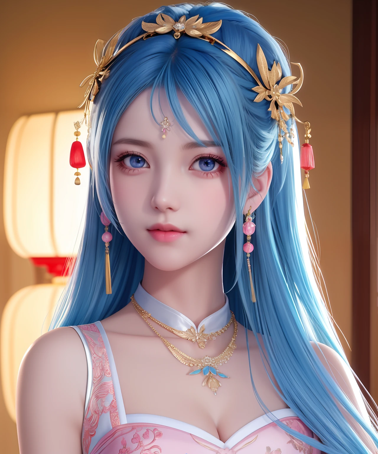 beste-Qualit, master-piece, Tall, 1girls, china dress, Hair ornaments, necklace, ornament, Beautiful face, When the body, Tyndall effect, photorealistic portrait, dark studio, Edge lighting, two-color light, (highly detailed skin:1.2), 8k uhd, dslr, Soft light, High Quality, Volumetric lighting, honest, Photograph, high-res, 4k, 8k, bokeh, Blue hair with pink tips, pink eyes.