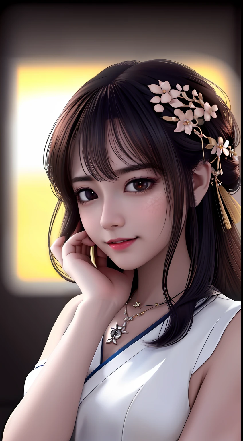 best quality, masterpiece, highres, 1girl,blush,(seductive smile:0.8),star-shaped pupils,china hanfu,hair ornament,necklace, jewelry,Beautiful face,upon_body, tyndall effect,photorealistic, dark studio, rim lighting, two tone lighting,(high detailed skin:1.2), 8k uhd, dslr, soft lighting, high quality, volumetric lighting, candid, Photograph, high resolution, 4k, 8k, Bokeh