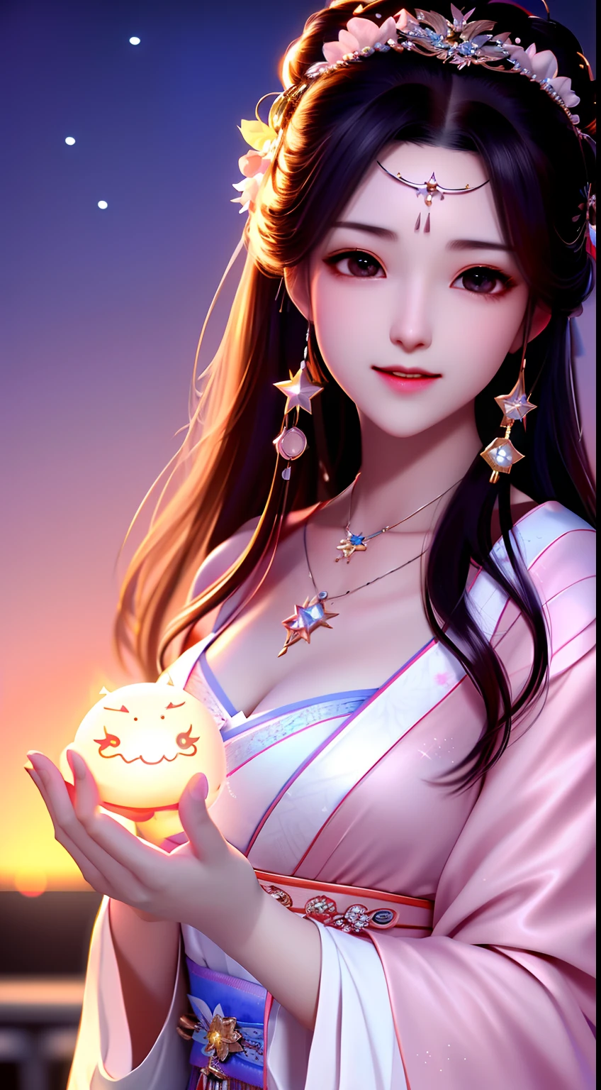 best quality, masterpiece, highres, 1girl,blush,(seductive smile:0.8),star-shaped pupils,china hanfu,hair ornament,necklace, jewelry,Beautiful face,upon_body, tyndall effect,photorealistic, dark studio, rim lighting, two tone lighting,(high detailed skin:1.2), 8k uhd, dslr, soft lighting, high quality, volumetric lighting, candid, Photograph, high resolution, 4k, 8k, Bokeh