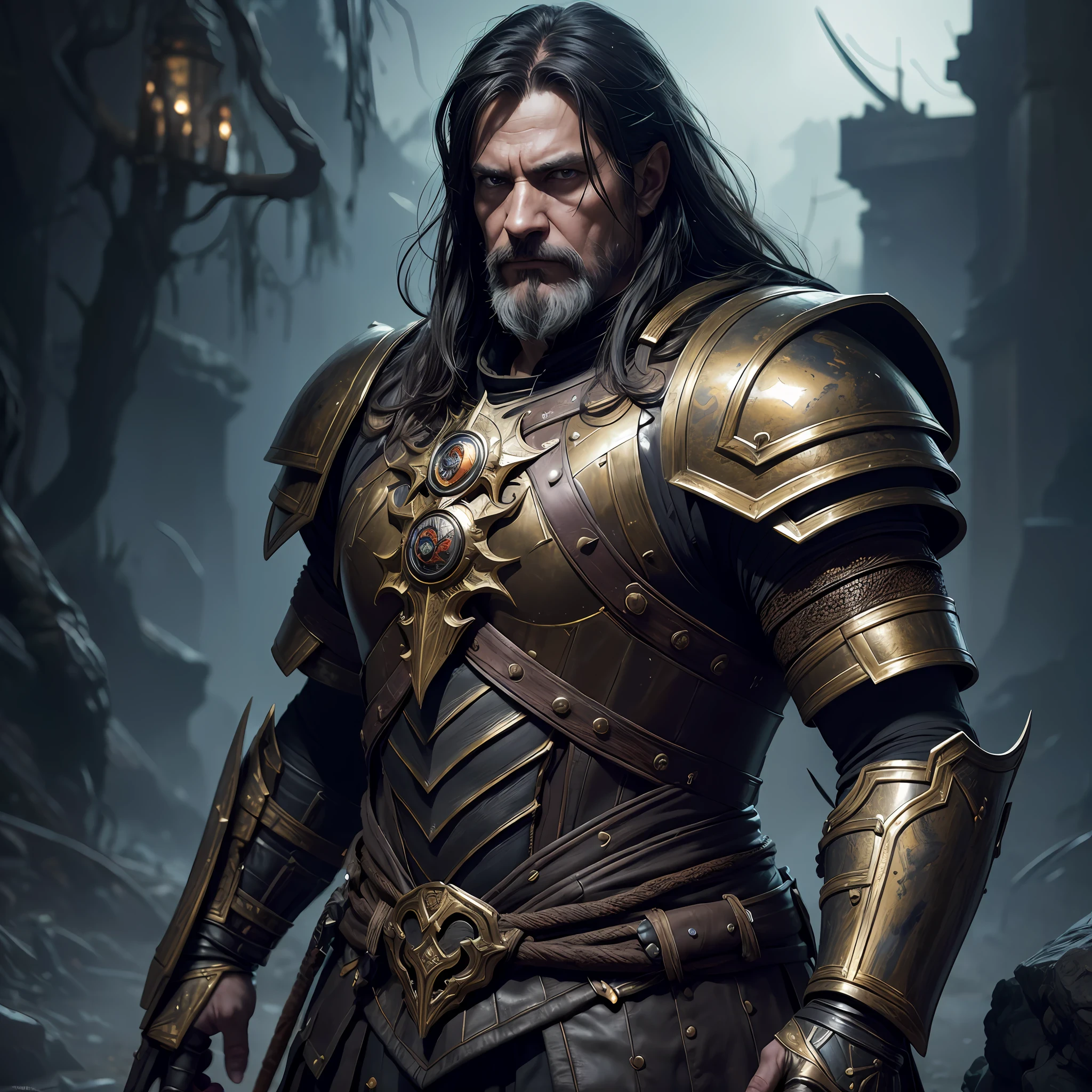 (Painting:1.3) of (Detailed illustration:1.3) A (full body:1.3) shot at 8k resolution, splash art, fantastic comic book style, photorealistic, intense look, anatomical photorealistic digital painting portrait of a (old male:1.3) human (warrior:1.3) in black and gold intricate (heavy armor:1.3) in a (dark and moody universe:1.3), light particle, very detailed skin,samurai, very detailed eyes, (elden ring style:1.3), (warhammer style:1.1), concept artist, global illumination, depth of field, splash art, art by artgerm and greg rutkowski and viktoria gavrilenko