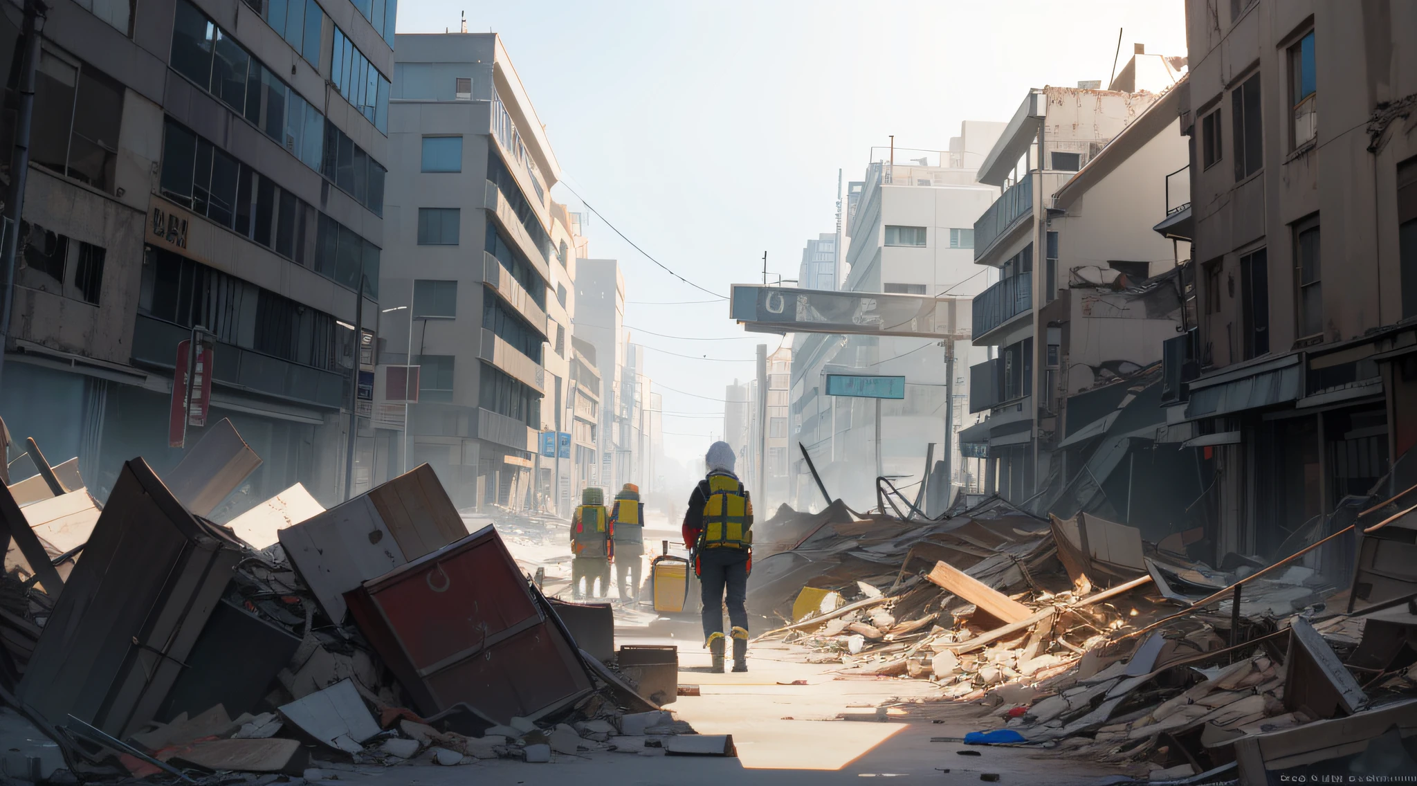 Gray hair and long hair,schoolboy,Search through the rubble with a search and rescue team,nevando,city ruins,Estilo de Makoto Shinkai,quadratic element