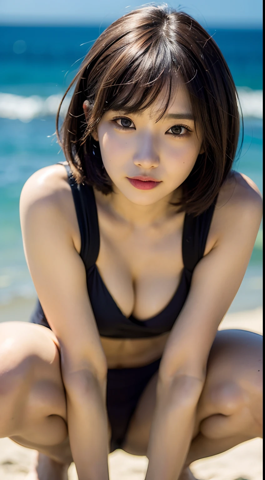 (​masterpiece, top-quality, a beauty girl, kawaii faces:1.5), (Brown Shorthair:1.5), (full body Esbian, bangss:1.2), Small waist, (Simple background:1.4), the beach, (Horizon, beautiful ocean, Skysky, A clear day:1.2), pink boobs,Small Micro Bikini、Emphasis on、 face lights, 8K, offcial art, Raw foto, incredibly absurdness, depth of fields, Look at viewers, A hyper-realistic, hight resolution, a picture, film grains, chromatic abberation, foco nítido, Bokeh background, Dynamic lighting、highestdetailed、Extreme details、ultra-detailliert、detaile、extremely detailed eye and face、Colossal tits、A smile、Squatting、Receiving Volleyball