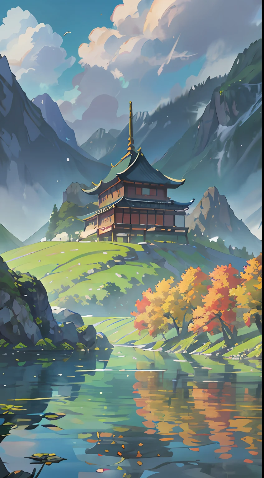 Chinese Antiquity、autumnal、jungles、lakes、waterfallr,The tree、grassy fields、Rochas、hot onsen、hydrosphere、Two old men looking at the view,Back shadow,(illustratio:1.0)、Epic composition、Realistic lighting、high definition detail、tmasterpiece、Best quality,(非常详细的 CG 统一 8k 壁纸)