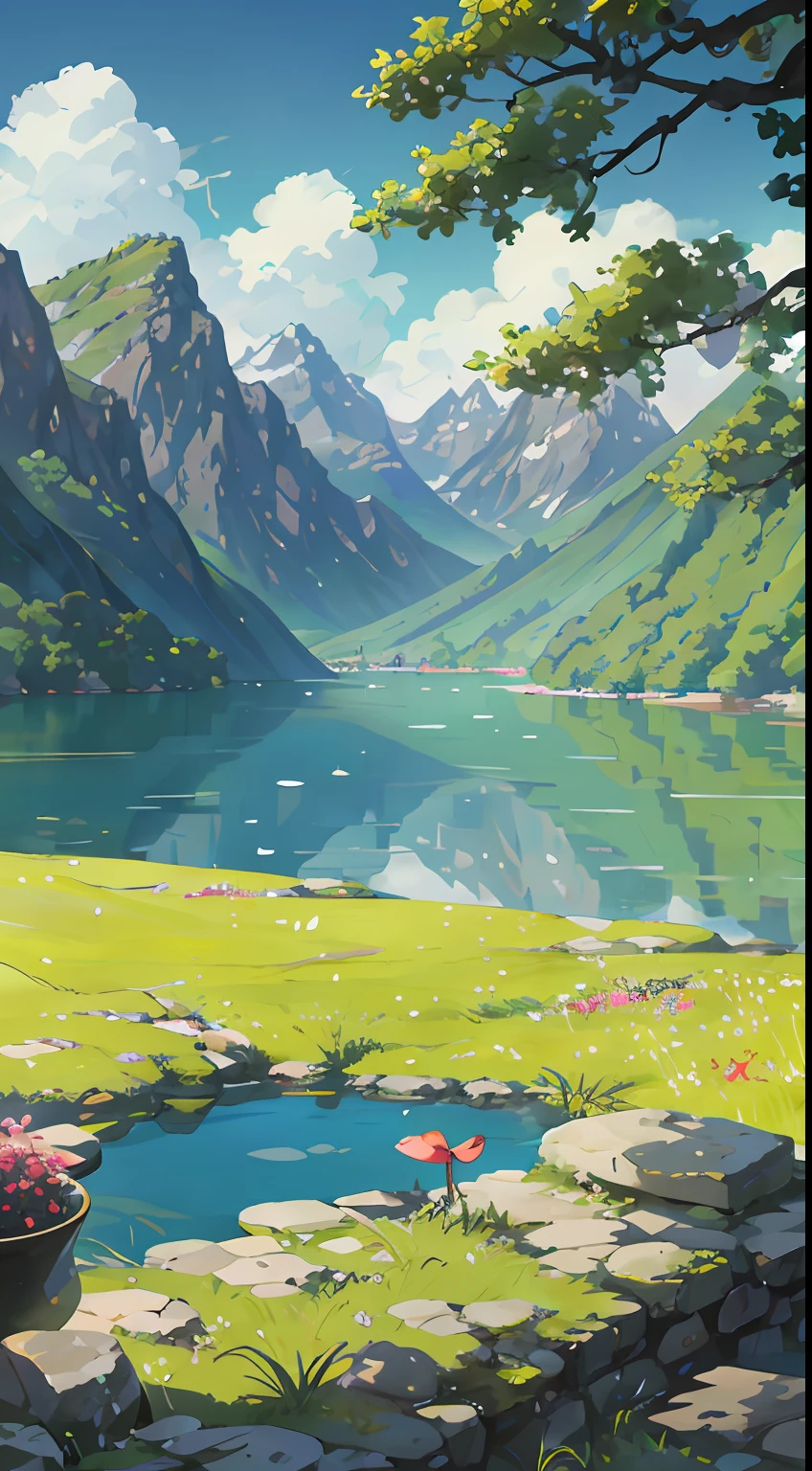 Chinese Antiquity、autumnal、jungles、lakes、waterfallr,The tree、grassy fields、Rochas、hot onsen、hydrosphere、Two old men looking at the view,Back shadow,(illustratio:1.0)、Epic composition、Realistic lighting、high definition detail、tmasterpiece、Best quality,(非常详细的 CG 统一 8k 壁纸)