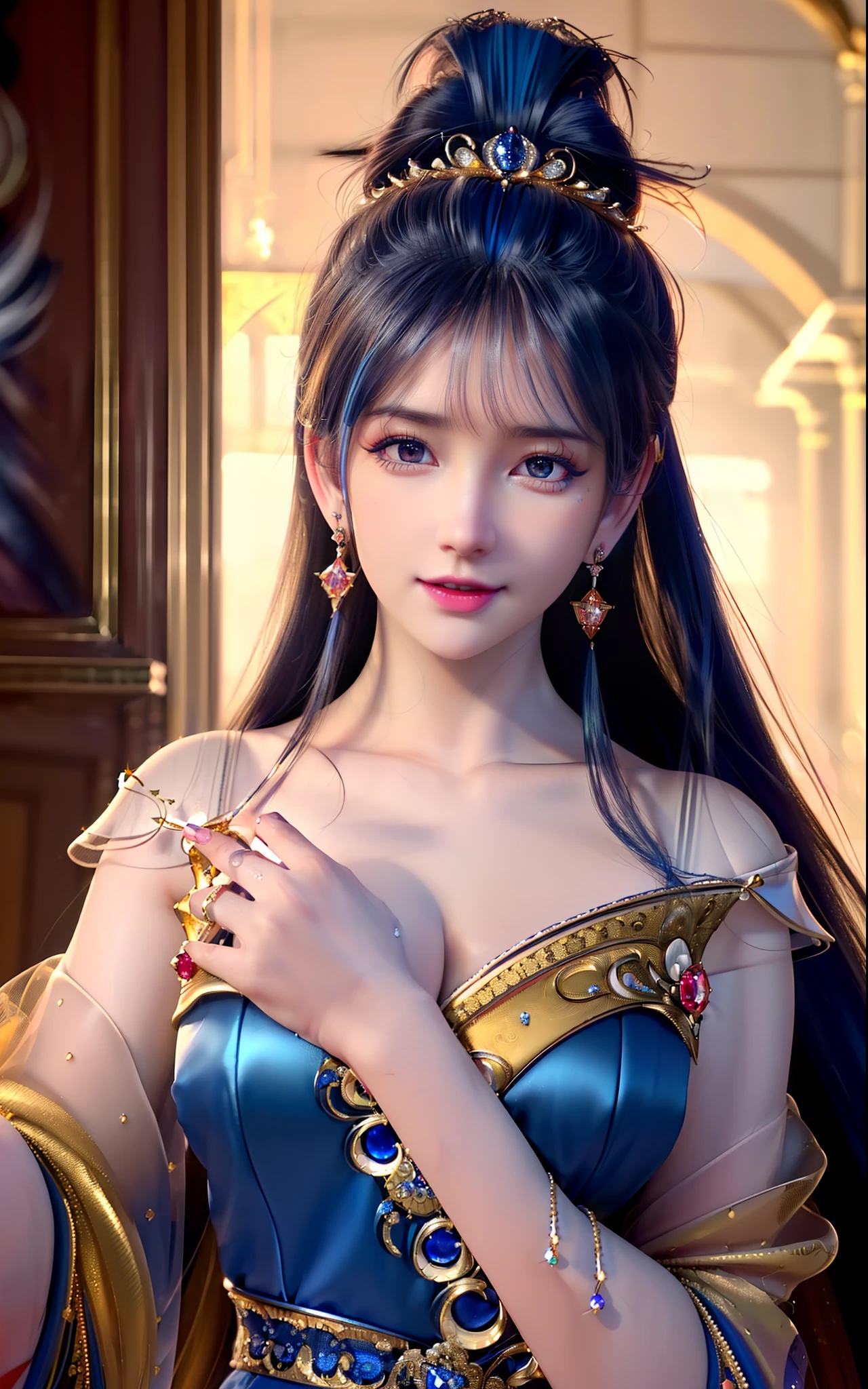 ((realisticity: 1.2)), ((realistic: 8K UHD)), ((best resolution: 8K UHD)), hyper detailed, best quality,masterpiece,highres,cg, ((1 girl hyper detailed and hyper realistic) ) , ((beautiful queen, hyper realistic and hyper detailed)),((white skin, beautiful, smooth, youthful, hyper realistic and hyper detailed )), ((Face hyper beautiful, white, hyper realistic and hyper detailed ) ), long hair, ((hyper realistic and hyper detailed dress)), solo, ((hyper realistic, hyper beautiful, beautiful and hyper detailed jewelry)), ((hyper beautiful deep red and golden yellow dress, hyper realistic and hyper detailed )) , ((Her pretty, hyper realistic, hyper detailed diamond filled earrings)), ((Her gorgeous diamond haircut, hyper realistic and hyper detailed)), ((hyper pretty upper body, hyper beautiful, hyper realistic and hyper detailed) ), ((medium breast: 1.5)), ((hyper realistic, hyper pretty, hyper detailed boobs)), ((the backgroun of the royal palace is hyper majestic, hyper realistic and hyper detailed)),((hands and palms hyper beautiful, hyper detailed, hyper realistic)), ((hyper detailed and hyper realistic fingers and fingernails)), ((hyper pretty, hyper pretty, hyper realistic and hyper detailed hair bun)), ((hyper pretty , hyper realistic and hyper detailed blue hair)), candid, Photo, high resolution, 8k , bokeh,