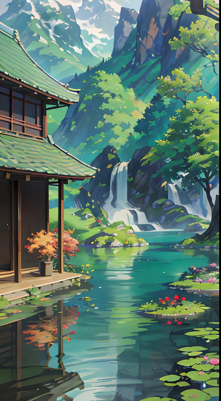 Chinese Antiquity、autumnal、jungles、lakes、waterfallr,The tree、grassy fields、Rochas、hot onsen、hydrosphere、Two old men looking at the view,Back shadow,(illustratio:1.0)、Epic composition、Realistic lighting、high definition detail、tmasterpiece、Best quality,(非常详细的 CG 统一 8k 壁纸)