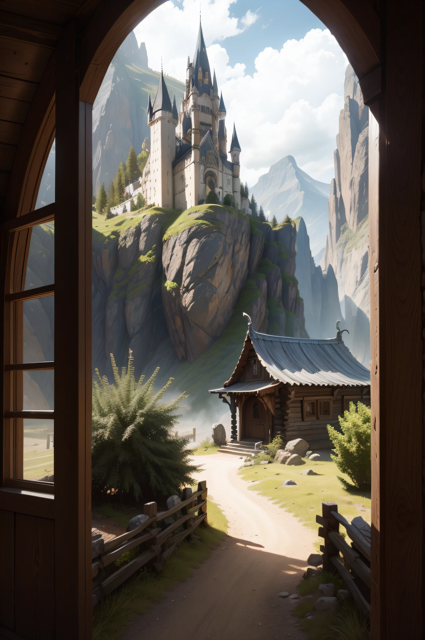 we are in the universe of dungeons and dragons, we see a large tavern on the side of a dirt road in a valley, its doors and windows are sealed by wooden slats nailed to the doorposts, in the background, far away, on top of a mountain we see a Gothic castle with pointed towers.