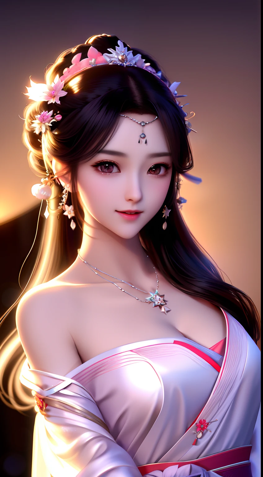 best quality, masterpiece, highres, 1girl,blush,(seductive smile:0.8),star-shaped pupils,china hanfu,hair ornament,necklace, jewelry,Beautiful face,upon_body, tyndall effect,photorealistic, dark studio, rim lighting, two tone lighting,(high detailed skin:1.2), 8k uhd, dslr, soft lighting, high quality, volumetric lighting, candid, Photograph, high resolution, 4k, 8k, Bokeh