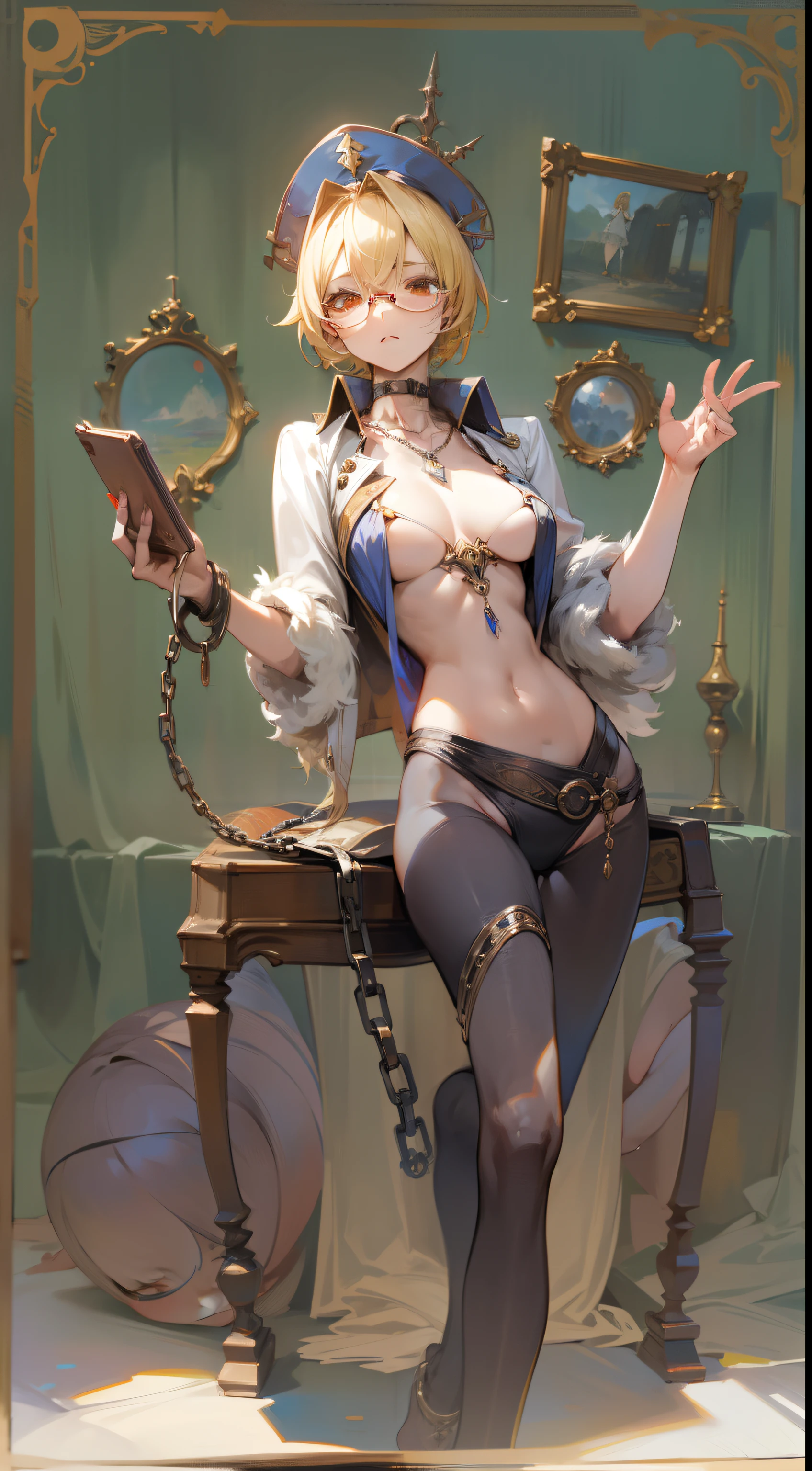 （Marco）,Perfect ,don quixote \(limbus company\, Naked、Blonde hair, a beauty girl、eye glasses、middlebreasts、Short hair, hair between eye, Orange Eyes、Neat white blouse、Stuffing collar、cleavage of the breast、a necklace、Breathless、pierced nipple、Chain scientist hat from the nipple、Basketball Hand、armor、`She has a book and a phone、(abbey )､Upper Body Up、hiqcgbody