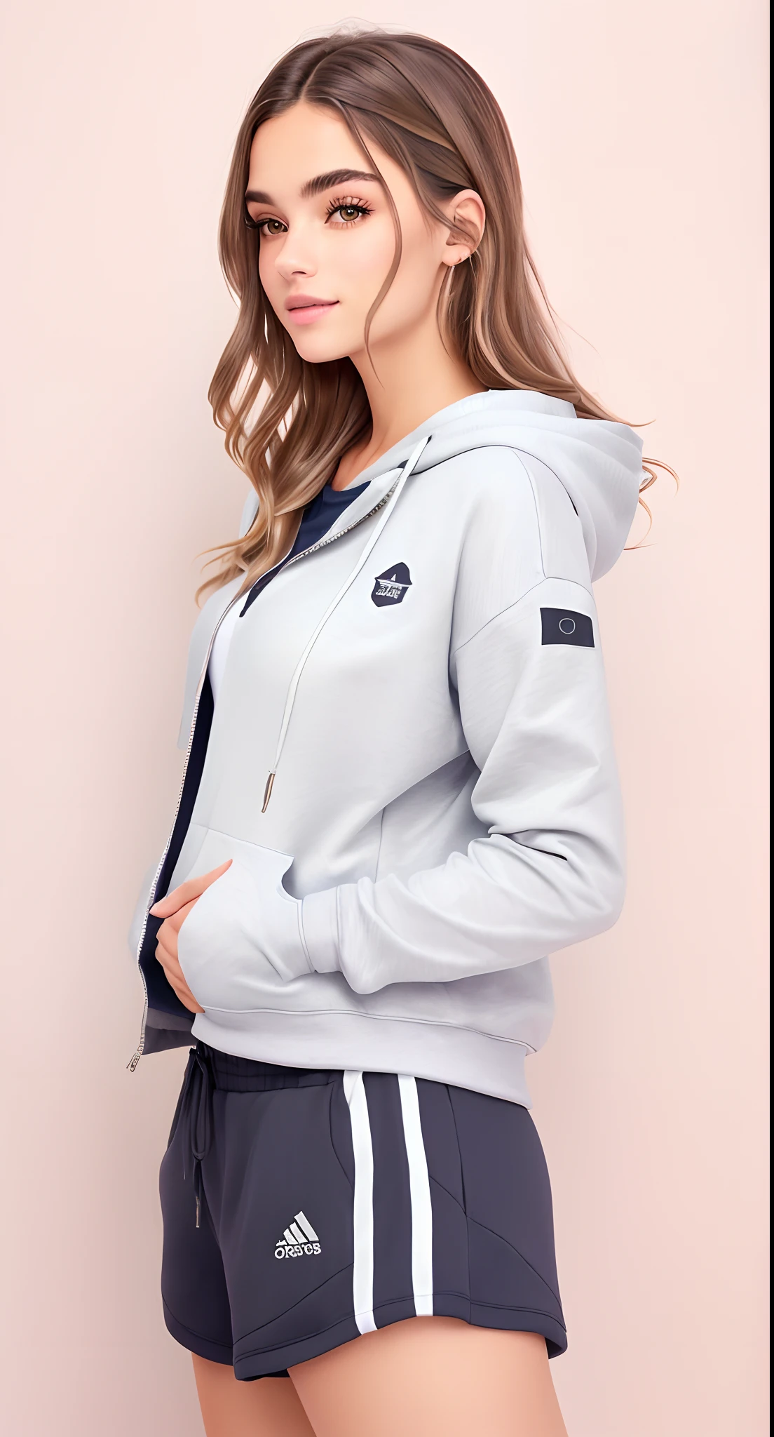 uma mulher linda com capuz cinza e shorts curto e folgado posando para uma foto, capuz cinza, capuz cinza, vestindo capuz, capuz cinza claro aberto, grey jacket, Hodie Mihi Cras Tibi, Capuz cinza aberto, usando capuz, vestindo um moletom cinza com capuz, Foto de perfil, camisola cinzenta, Capuz, roupas esportivas fofas, cinza claro, wearing a hoodie and sweatpants
