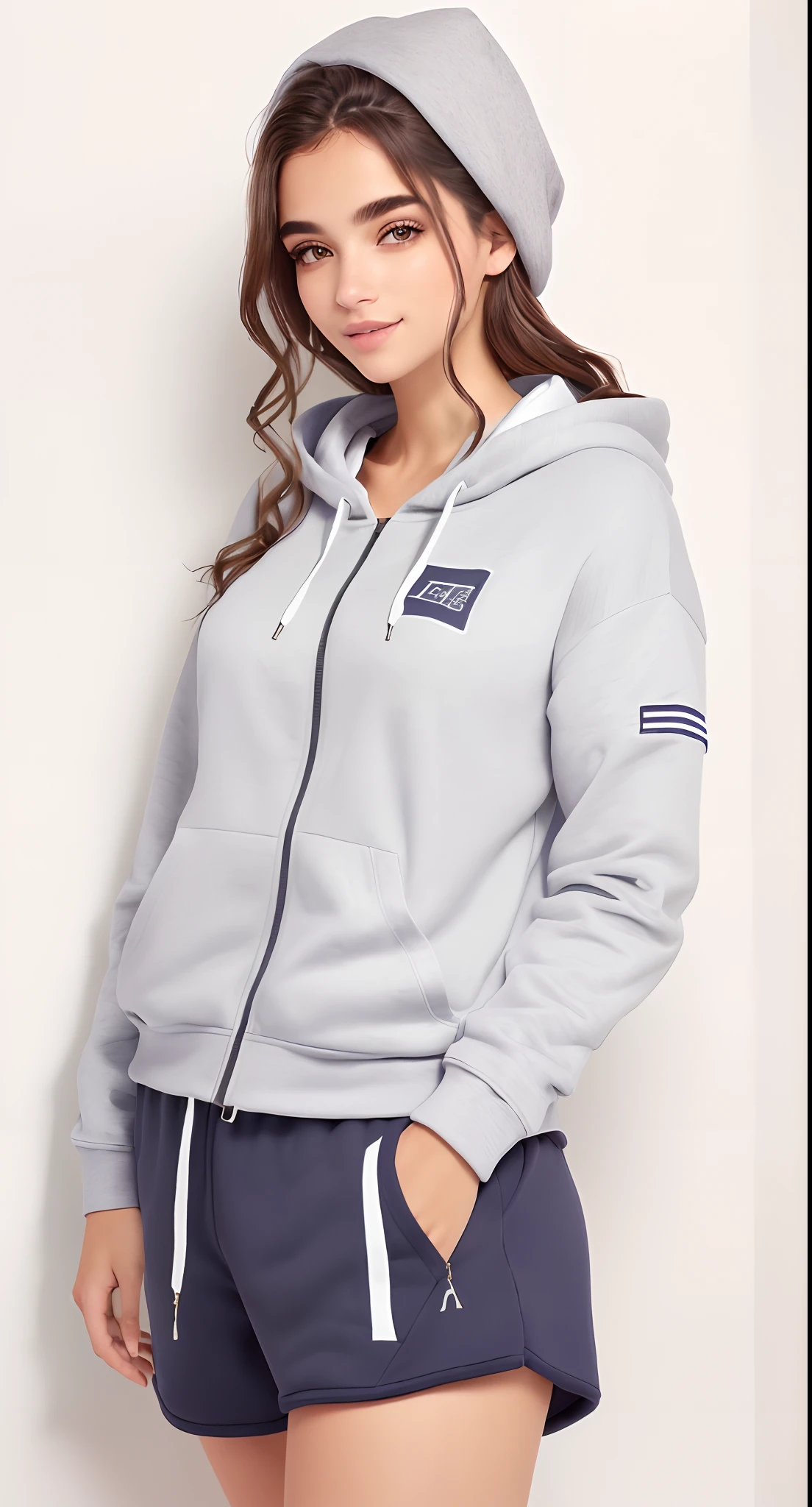 uma mulher linda com capuz cinza e shorts curto e folgado posando para uma foto, capuz cinza, capuz cinza, menina vestindo capuz, capuz cinza claro aberto, grey jacket, Hodie Mihi Cras Tibi, Capuz cinza aberto, usando capuz, vestindo um moletom cinza com capuz, Foto de perfil, camisola cinzenta, Capuz, roupas esportivas fofas, cinza claro, wearing a hoodie and sweatpants