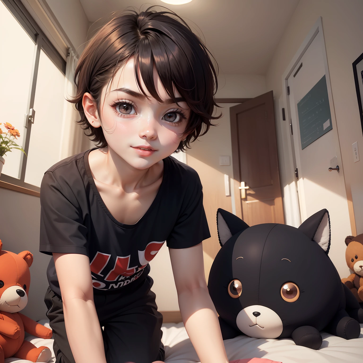 quadratic element, ,年轻, Libido boy, short detailed hair,Big eyes, ssmile, Be red in the face, shorter pants, inside in room, Lie down in bed, Stuffed animals,