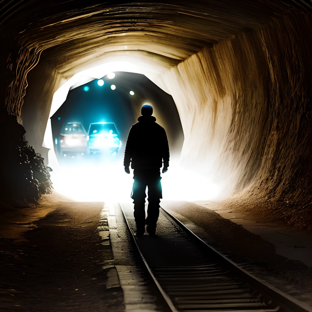 Silhouette man inside a tunnel with a light at the end of the road