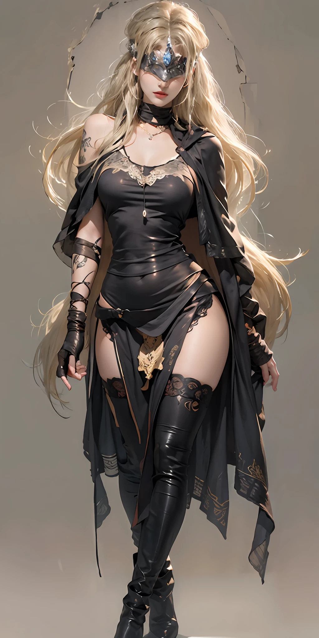 photorealistic, high resolution, soft light,1women, solo, hips up, look at viewer, (detailed face), long hair, blonde hair, covered eyes, eyes mask, blindfirekeeper, medium breasts, curvy, black dress, black capelet, bandaged arm, tattoo, jewelry