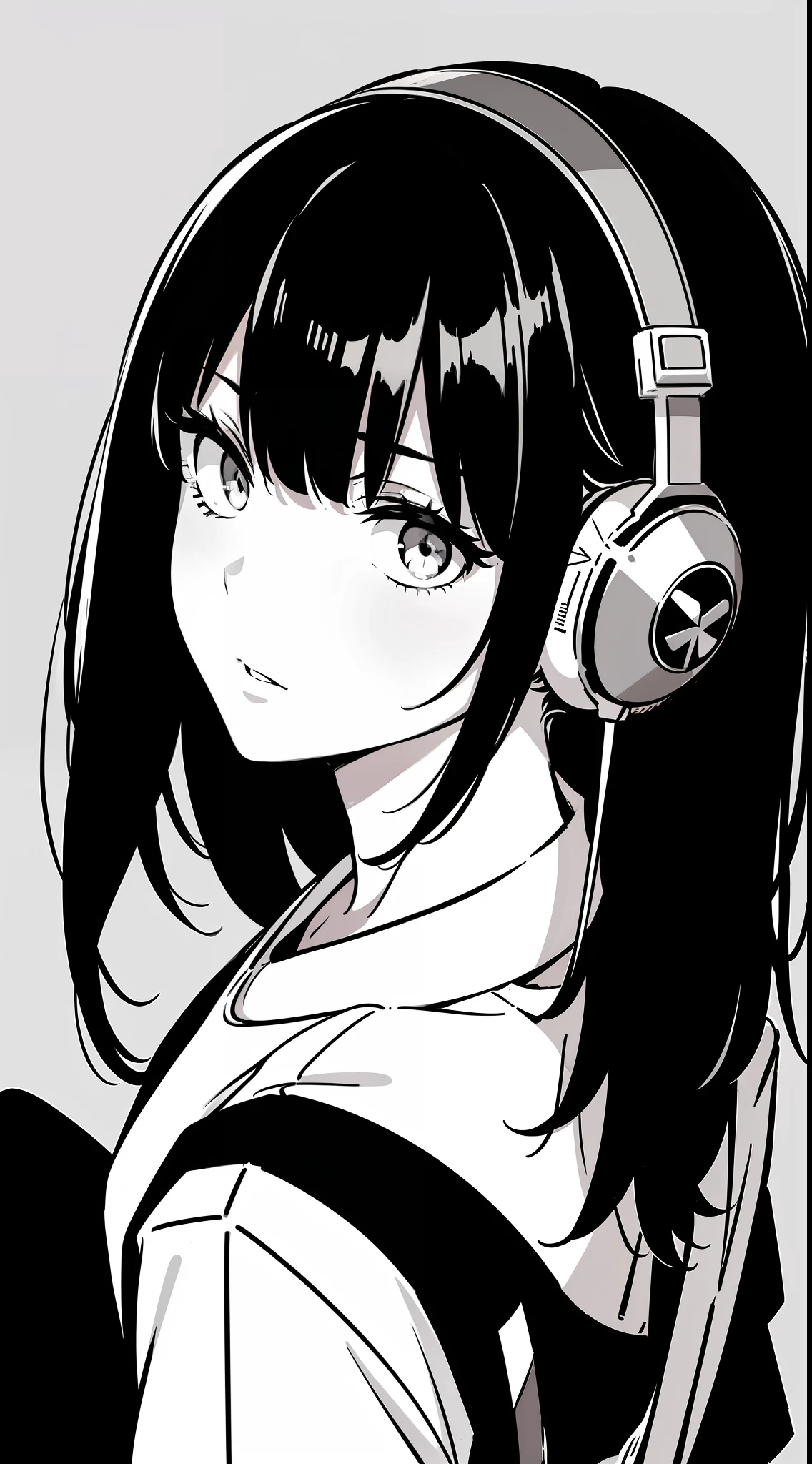 girl, side portrait, black and white, messy short hair, edgy accessories,sporty style, casual t-shirt, confident gaze, monochrome color scheme, looking to the side, chic street fashion, casual hands in pockets pose,head,((a person)),Over-ear headphones, large ear cups,Luxurious long hair