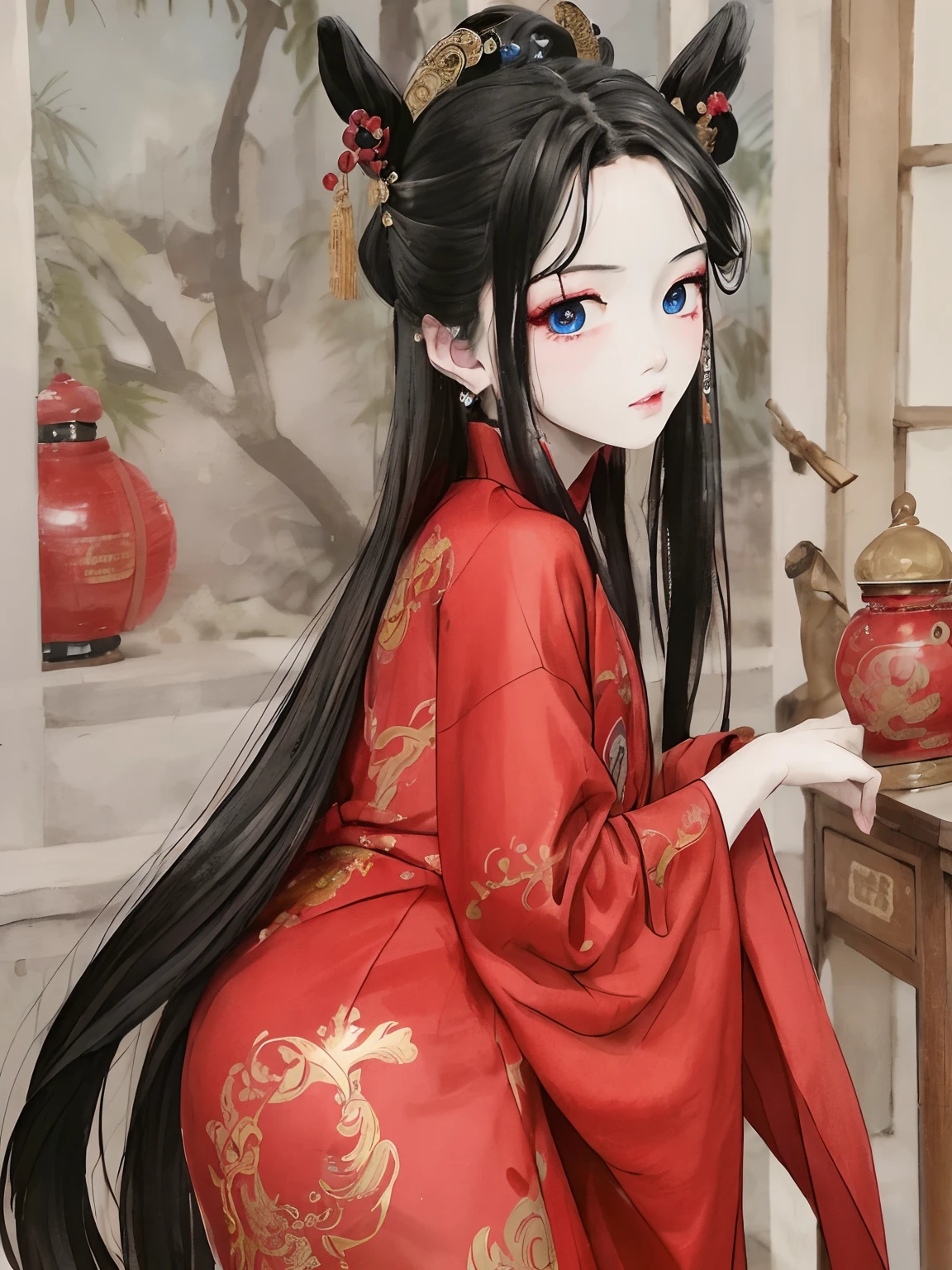 masterpiece, Chinese antiques , 1boy, Youth , Red Chinese traditional costume , Black hair, Blue eyes , Long hair